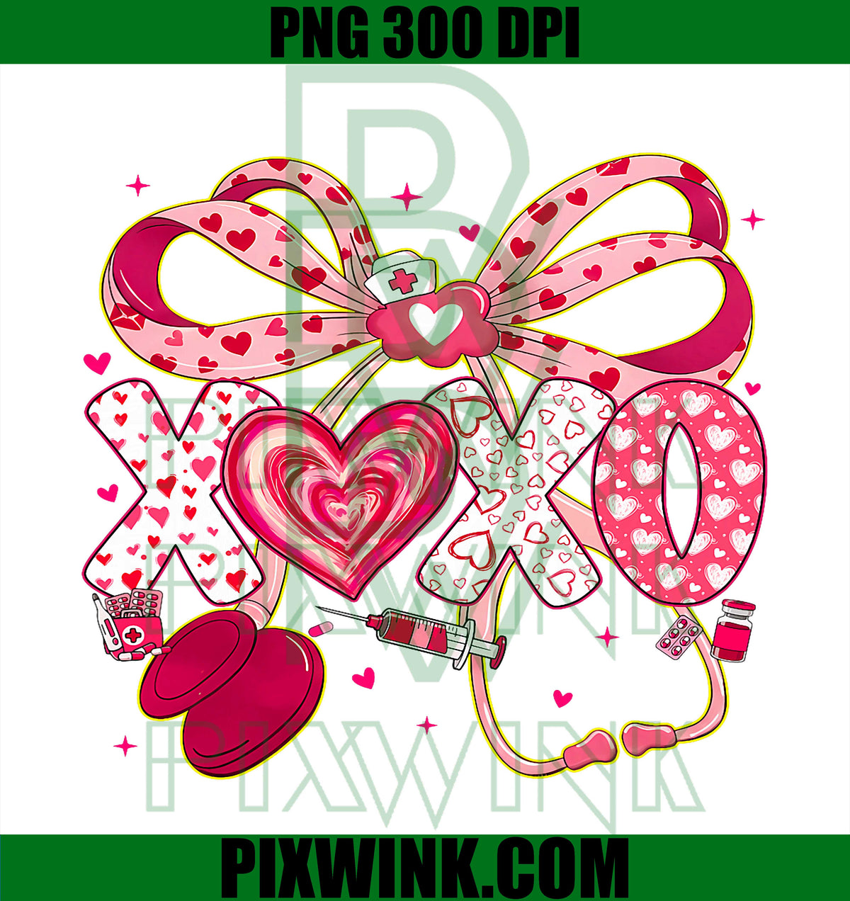XOXO Stethoscope Valentine RN PCT CNA Nurse Pink Bow PNG