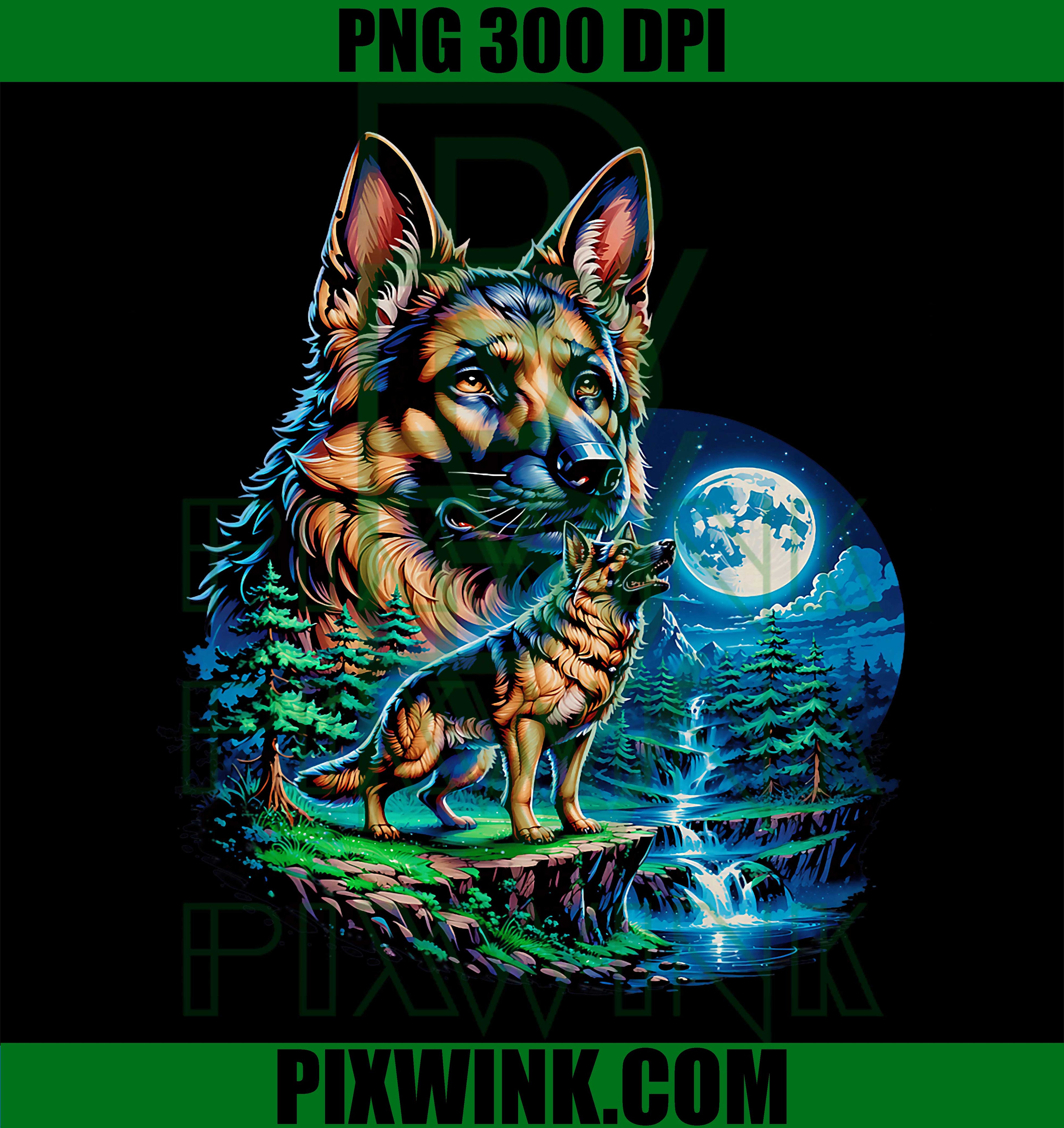 Majestic German Shepherd PNG, Moonlit Forest Waterfall Dog PNG