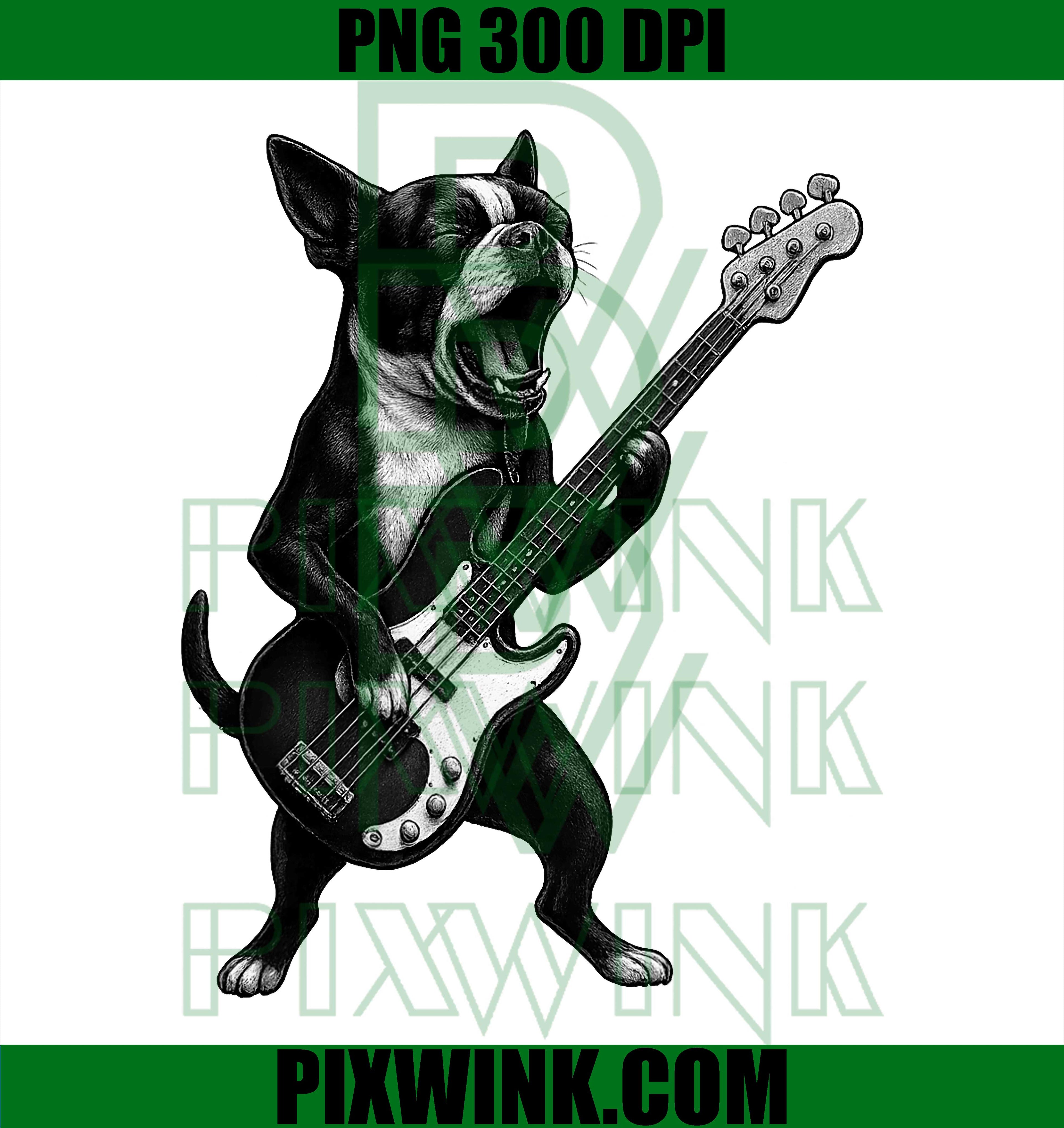 Boston Terrier Playing Bass Guitar Rock Music PNG, Dog Lover PNG