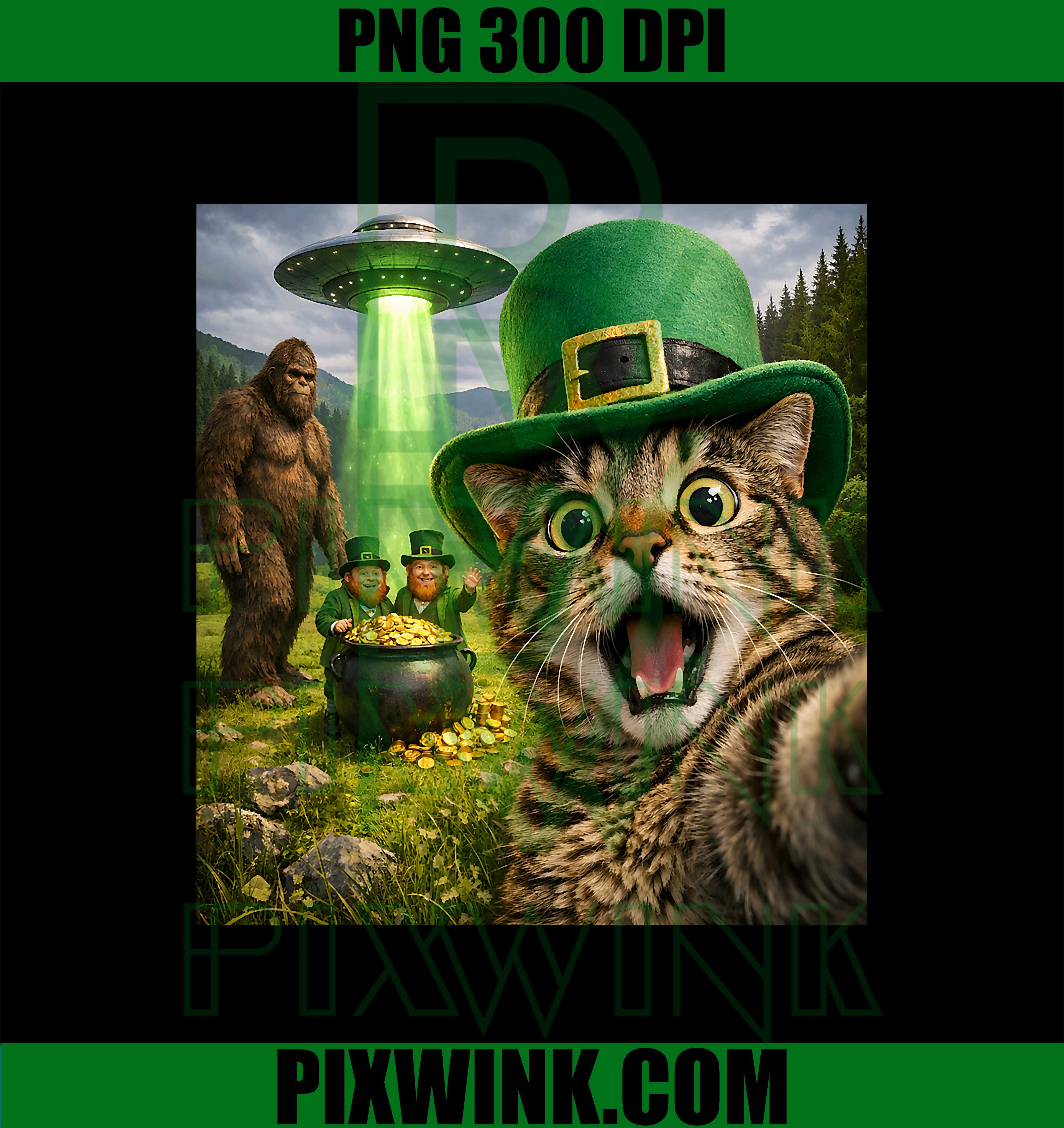 Funny St Patricks Cat PNG, Leprechaun Bigfoot UFO PNG, Cat Selfie Meme PNG
