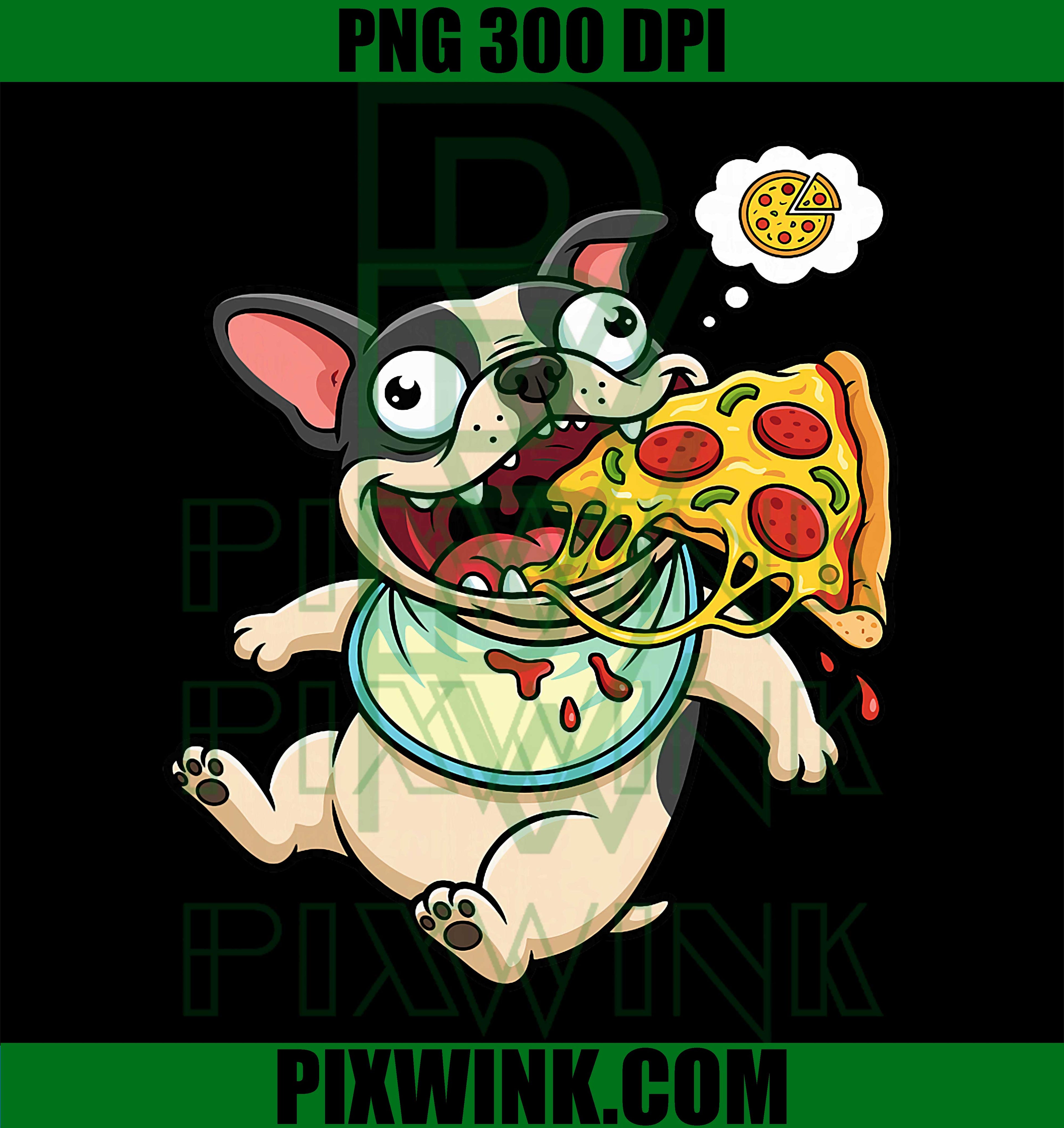 Hungry French Bulldog PNG, Pizza Lover Cartoon Dog PNG, Funny Pet Food Design PNG