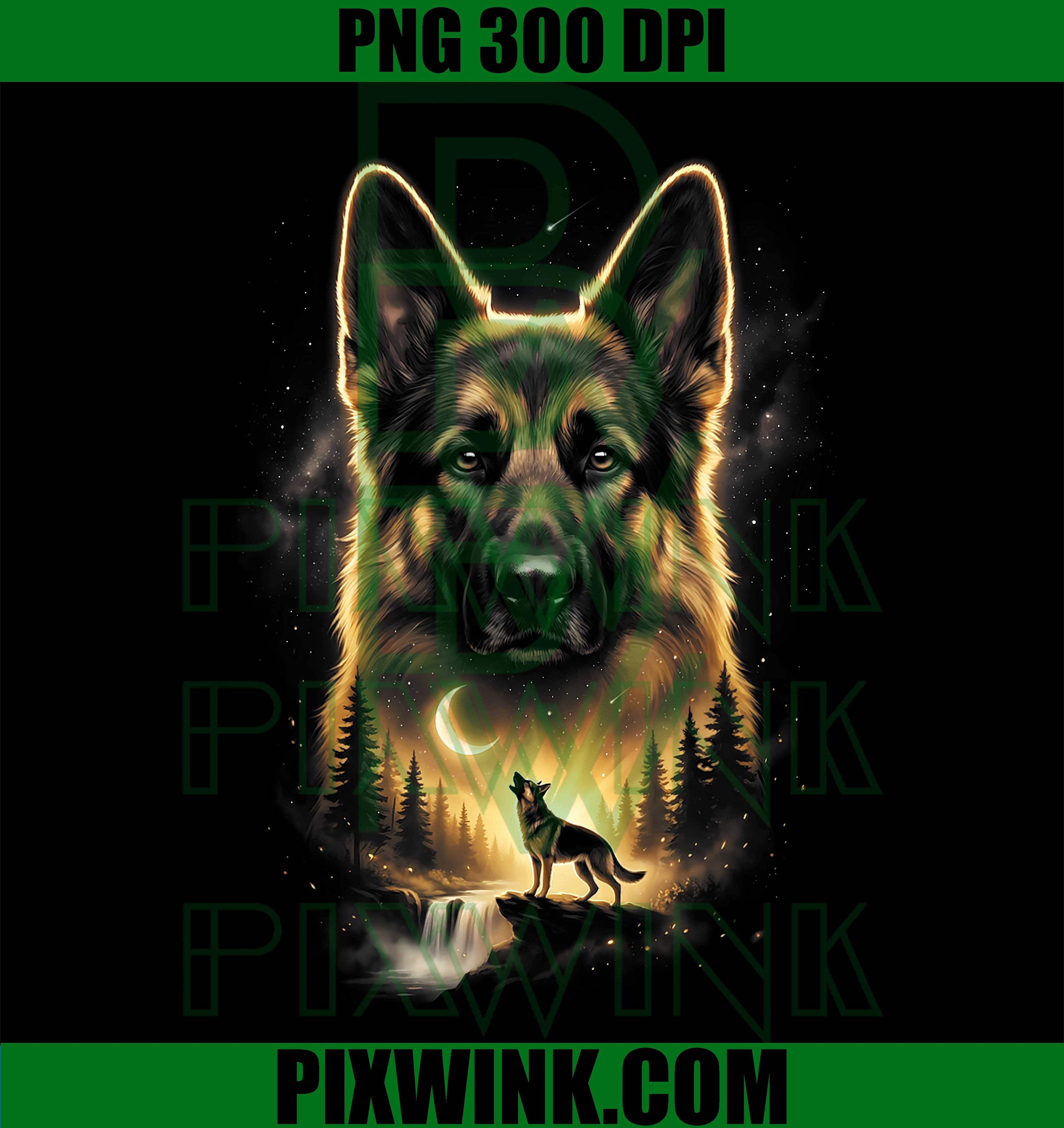 German Shepherd Howling Moon PNG, Fantasy Forest Dog Art PNG