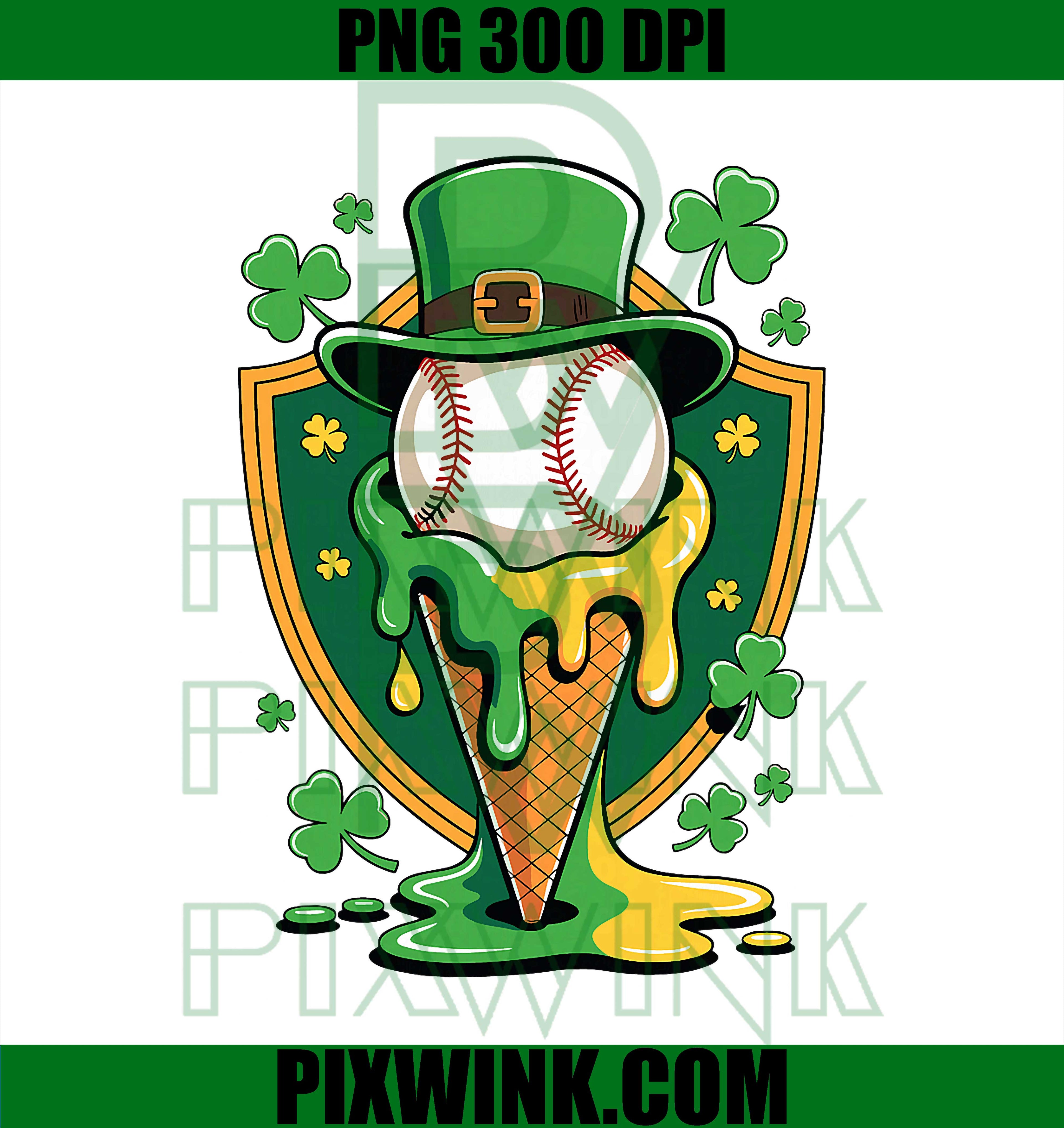 Baseball Ice Cream Drip Shamrocks PNG, Happy St Patrick’s Day Baseball PNG