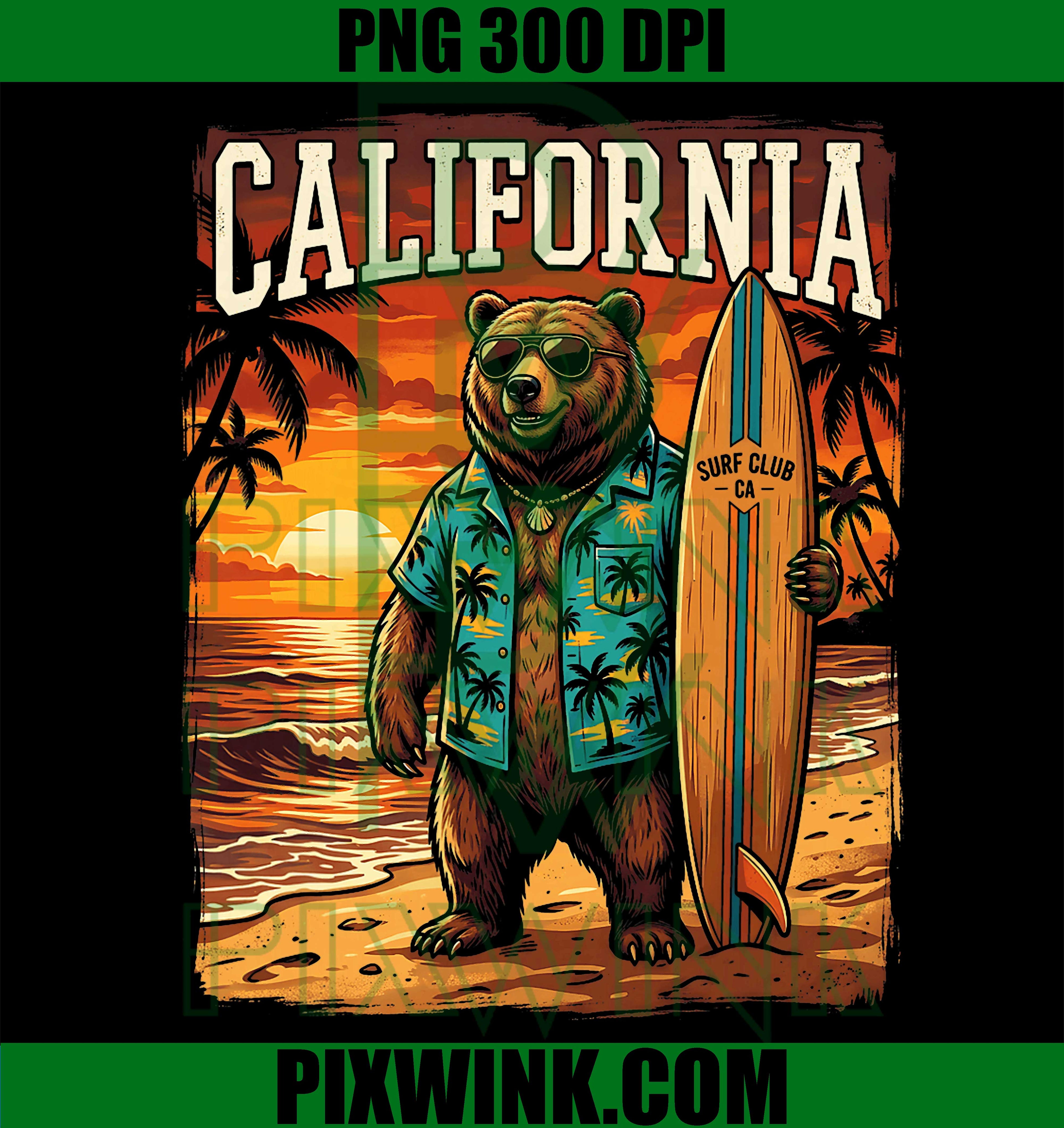 California Surf Bear PNG, Retro Beach Sunset PNG Summer Surfing Design