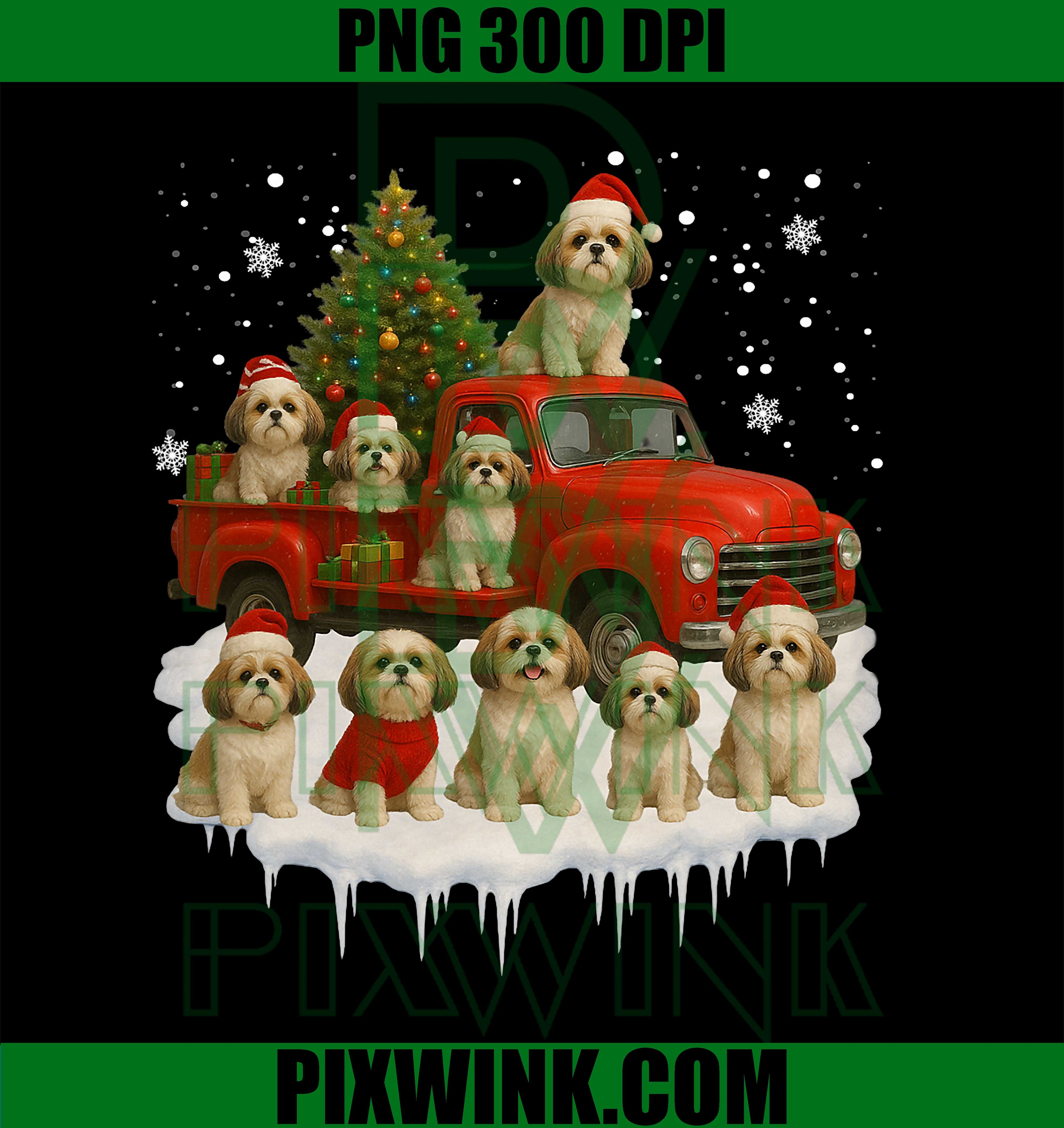 Shih Tzu Dog Red Truck Christmas Tree Santa Ugly Xmas PNG