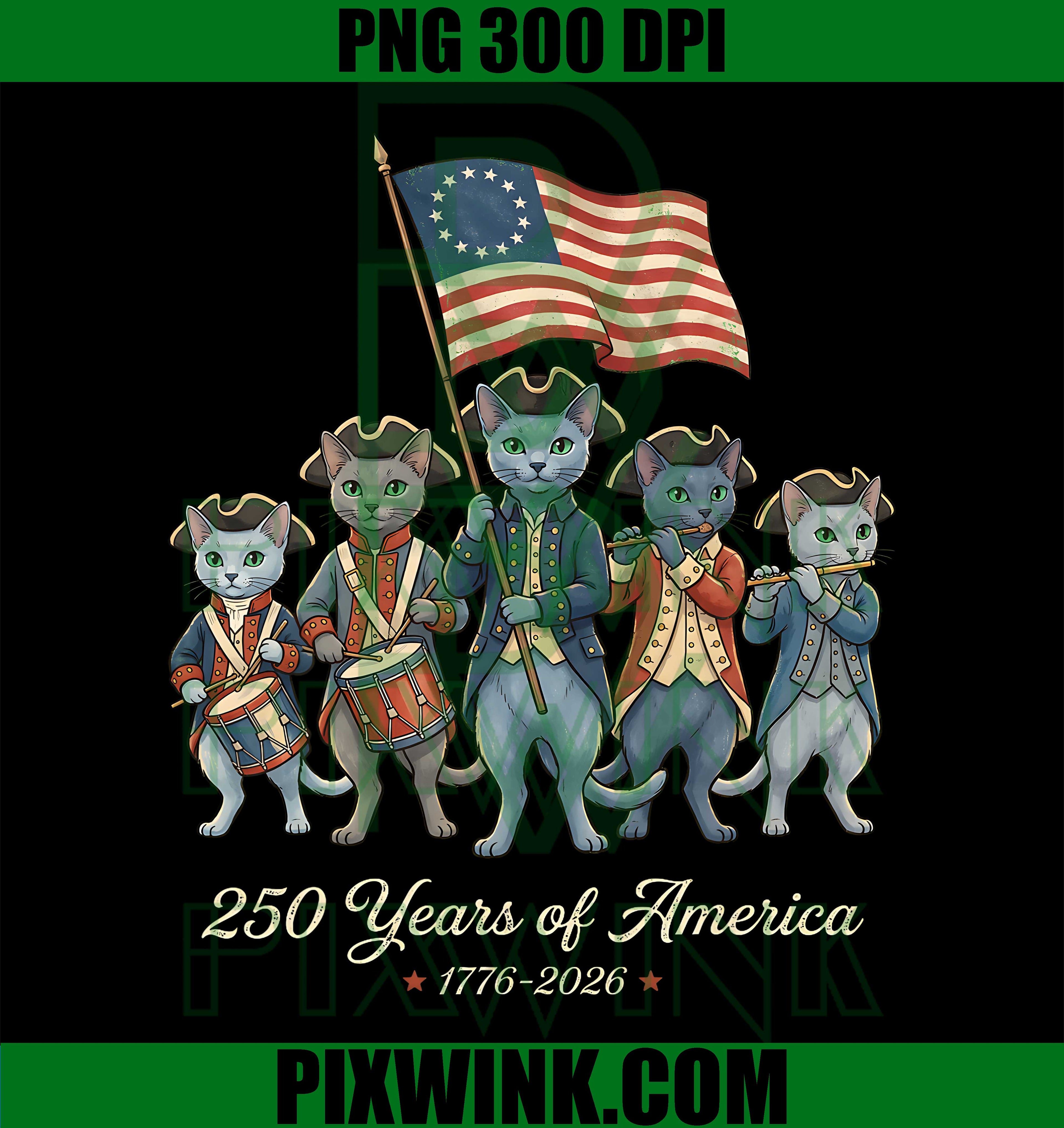Russian Blue Cat PNG, Patriotic Cat USA PNG, 250 Years America PNG