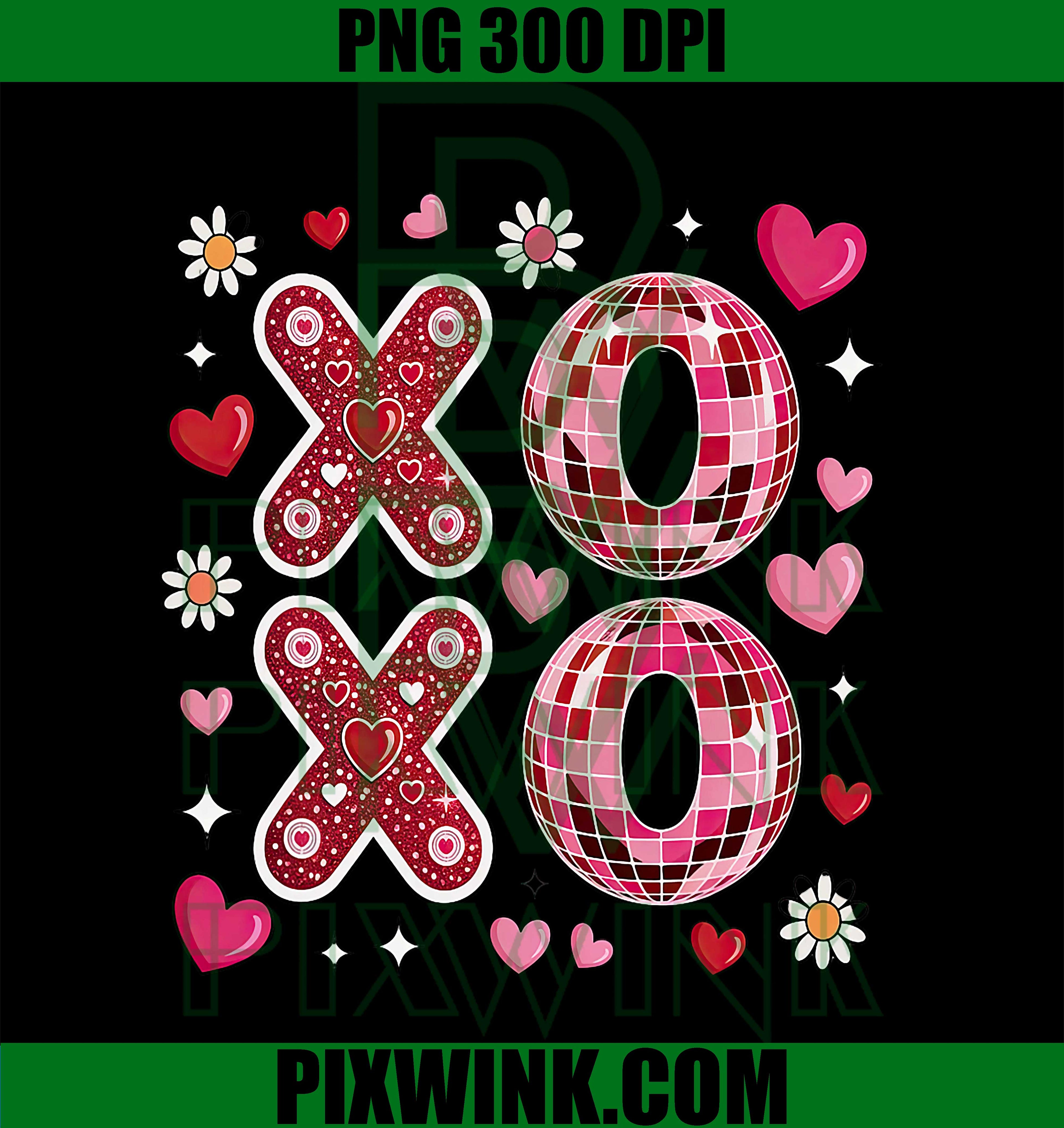 XOXO Pink Disco PNG, Cute Valentine Hearts Flowers PNG, Valentine Love Art