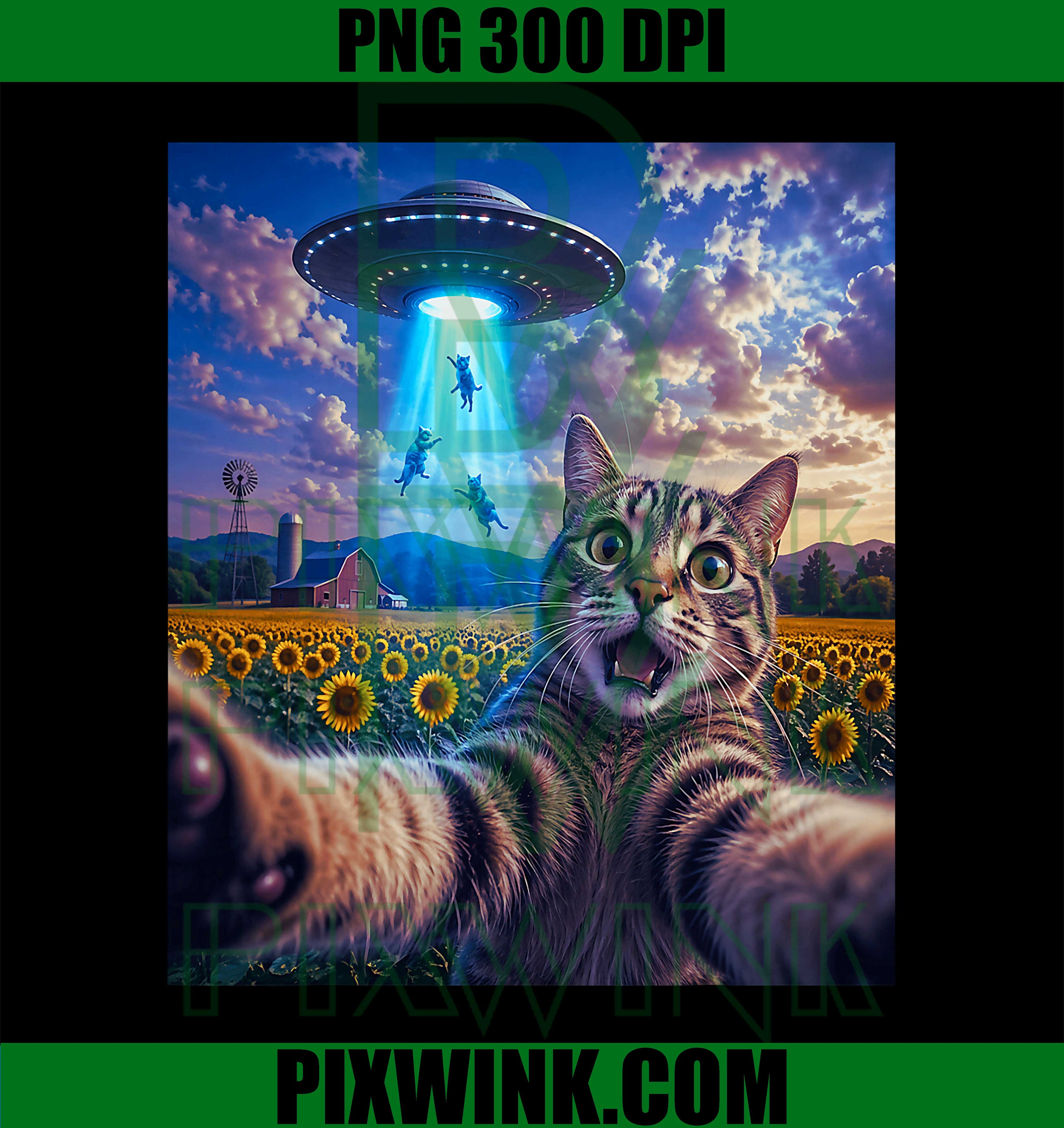 Cat Selfie UFO PNG, Funny Alien Cat PNG Sci-Fi Humor Design
