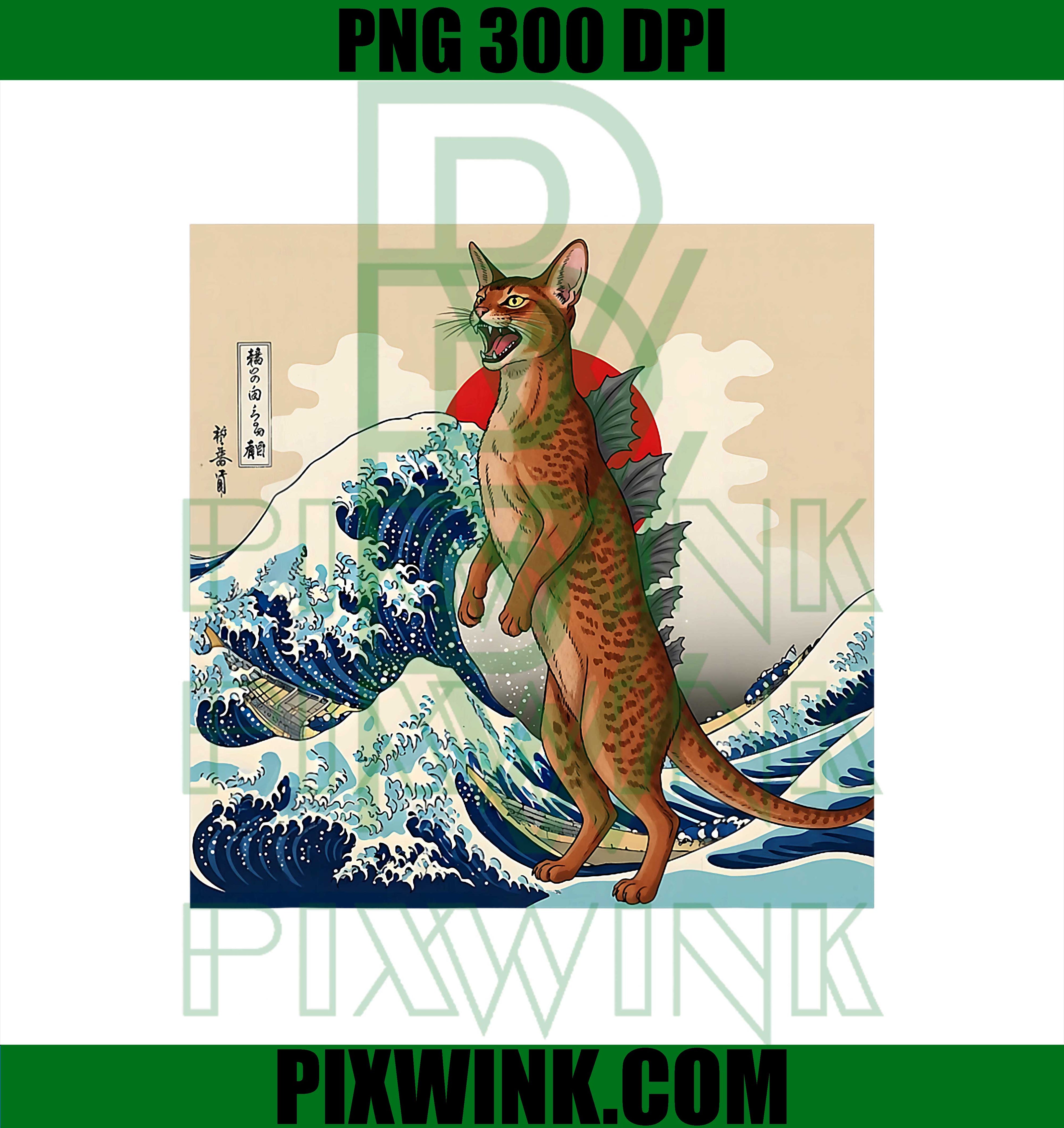 Abyssinian Cat Ukiyo Feline Waves Beast Motif Retro Eastern PNG