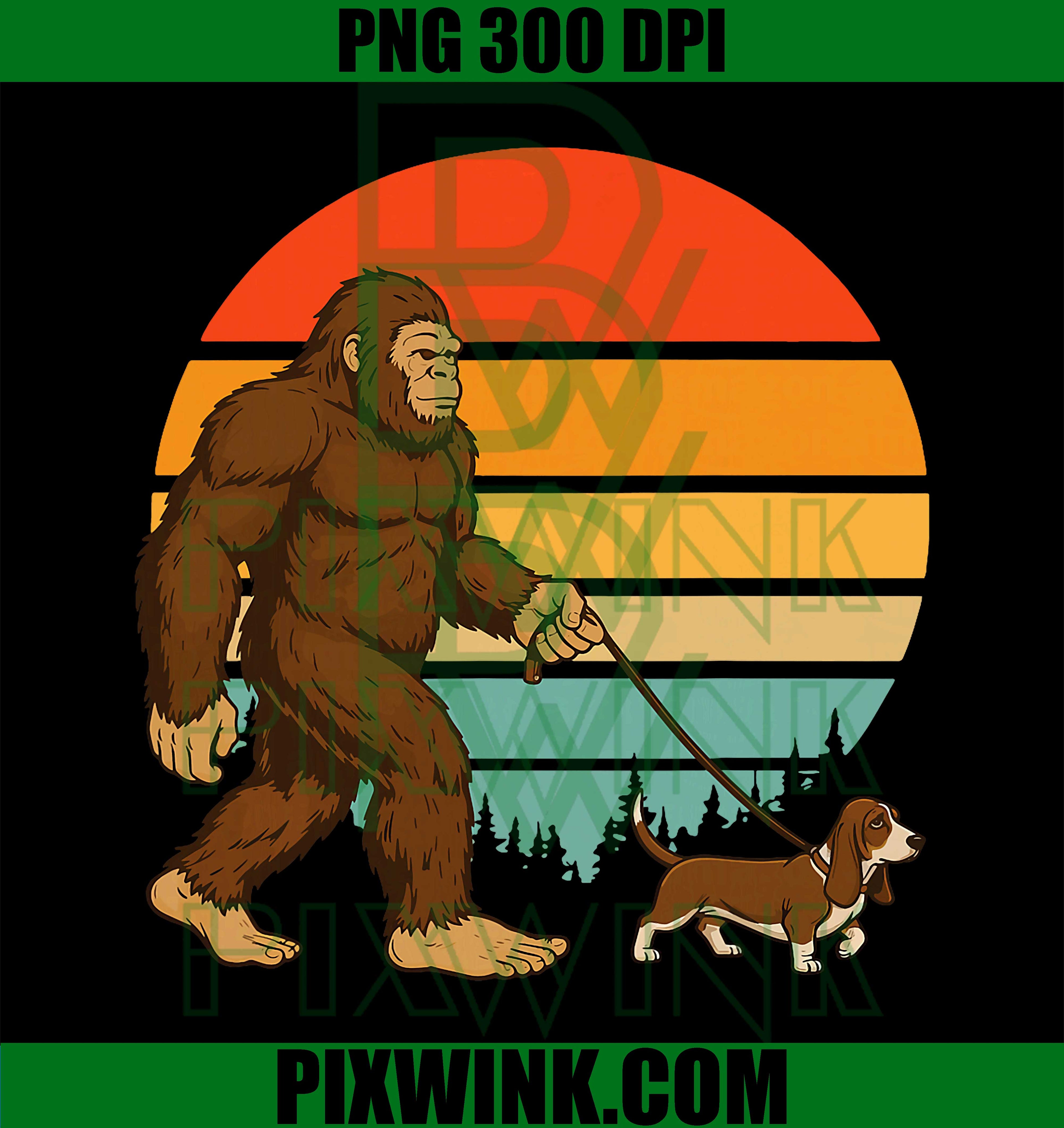 Bigfoot Walking Basset Hound PNG, Retro Sasquatch Dog Lover PNG Design