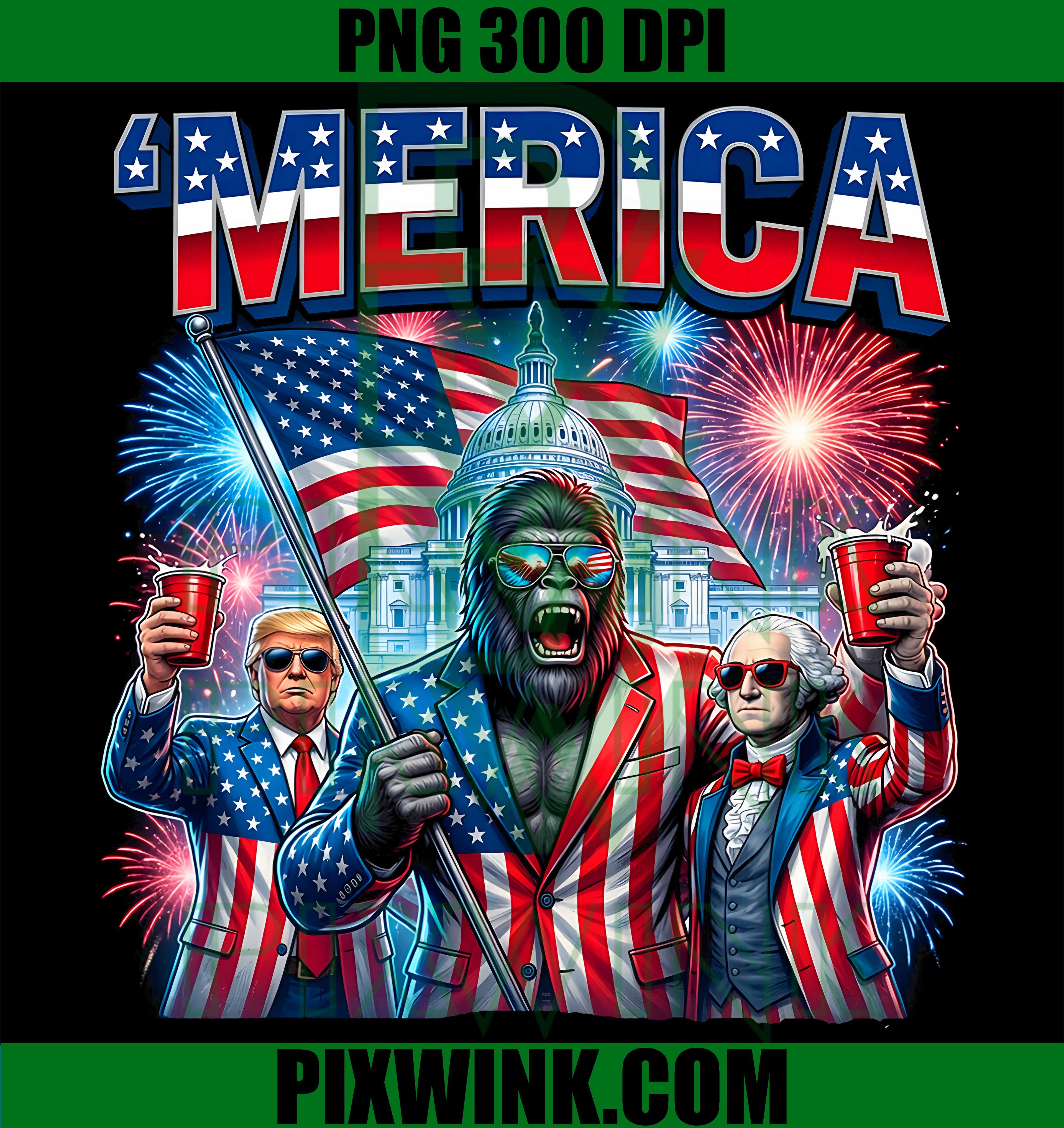 250 Years America Anniversary PNG,250th Trump Washington Bigfoot PNG