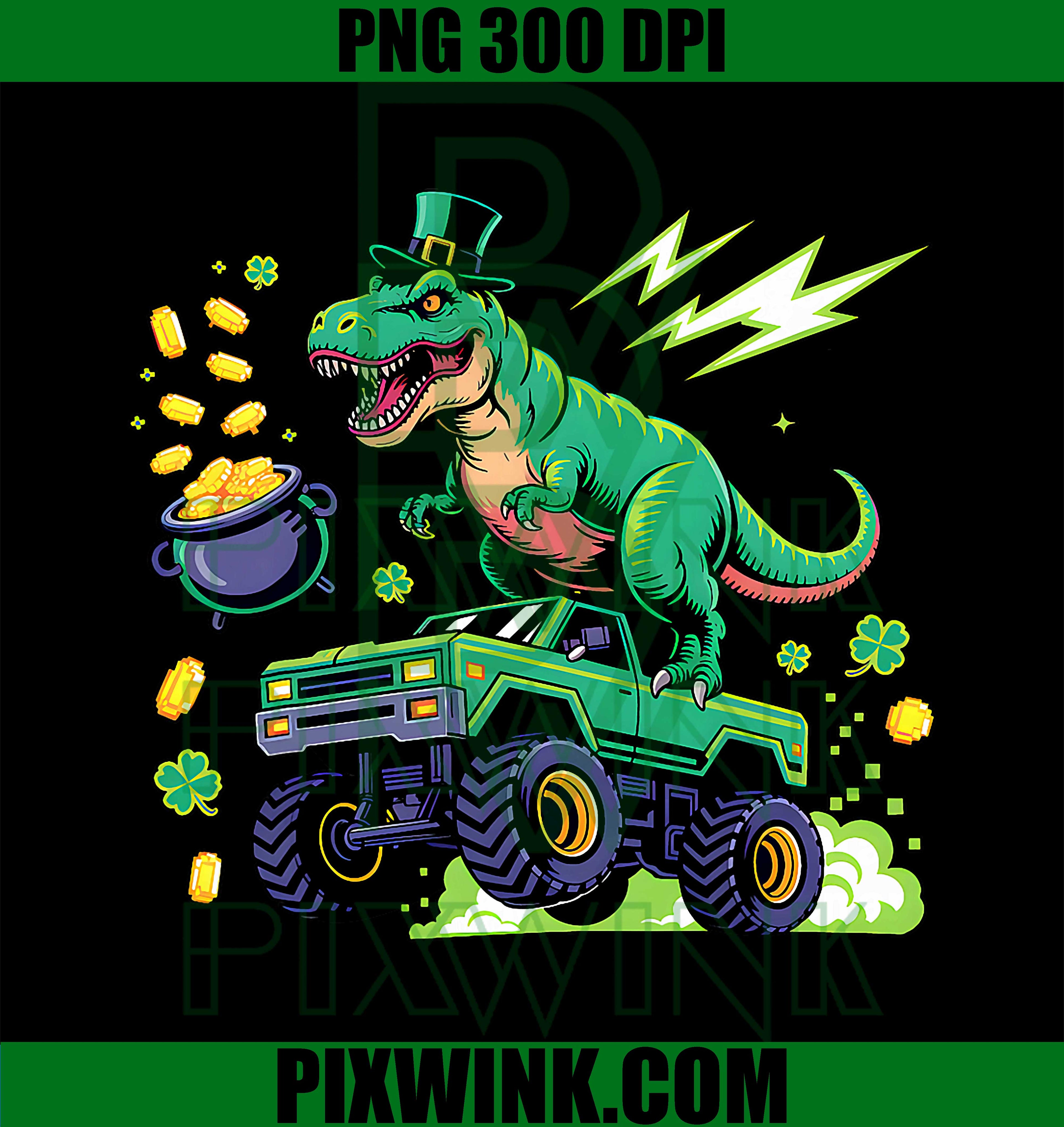 Boys Monster Truck T rex PNG, Funny St Patricks Day Dinosaur PNG