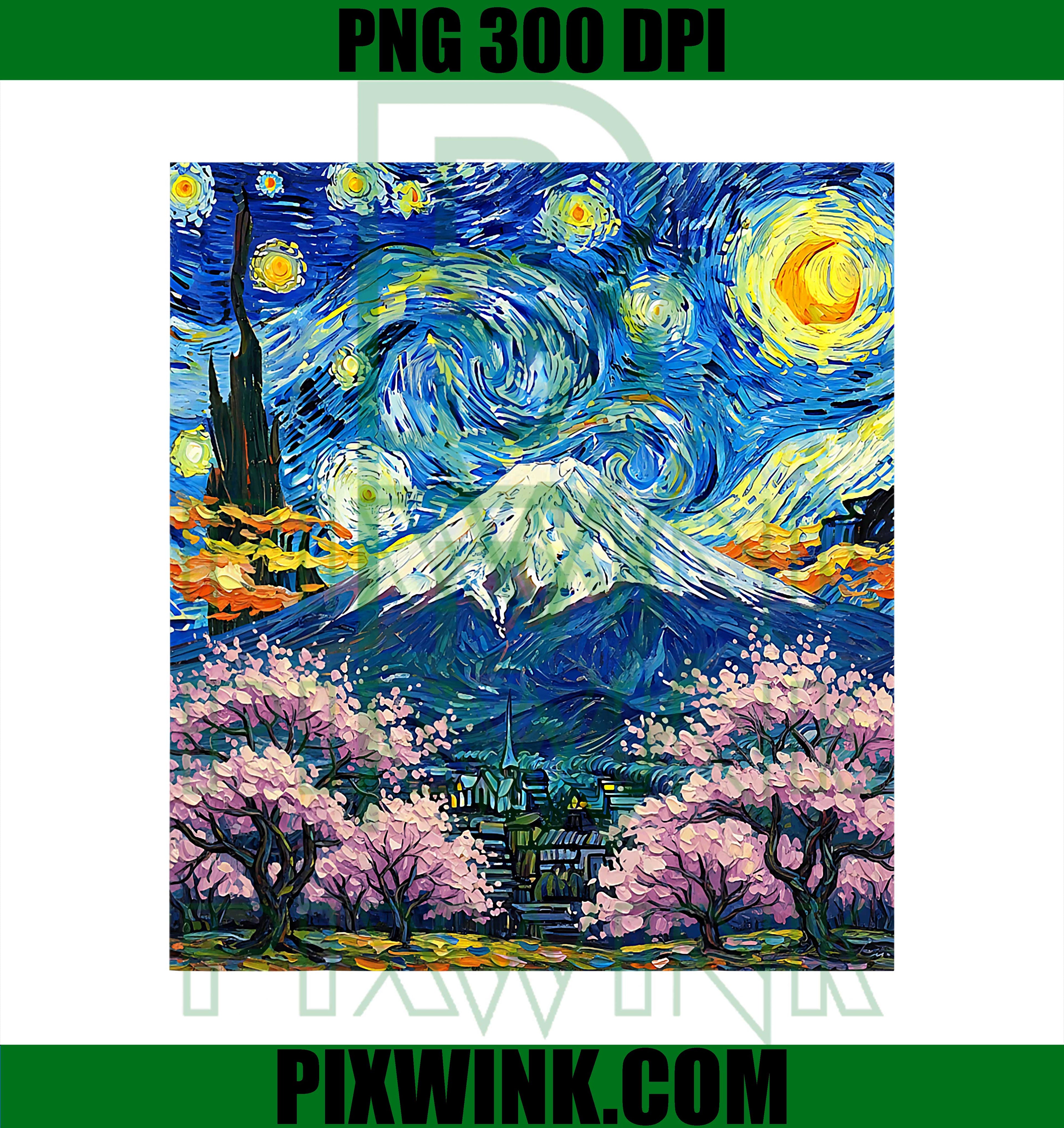 Mount Fuji Japan Graphic Van Gogh Style Starry Night PNG