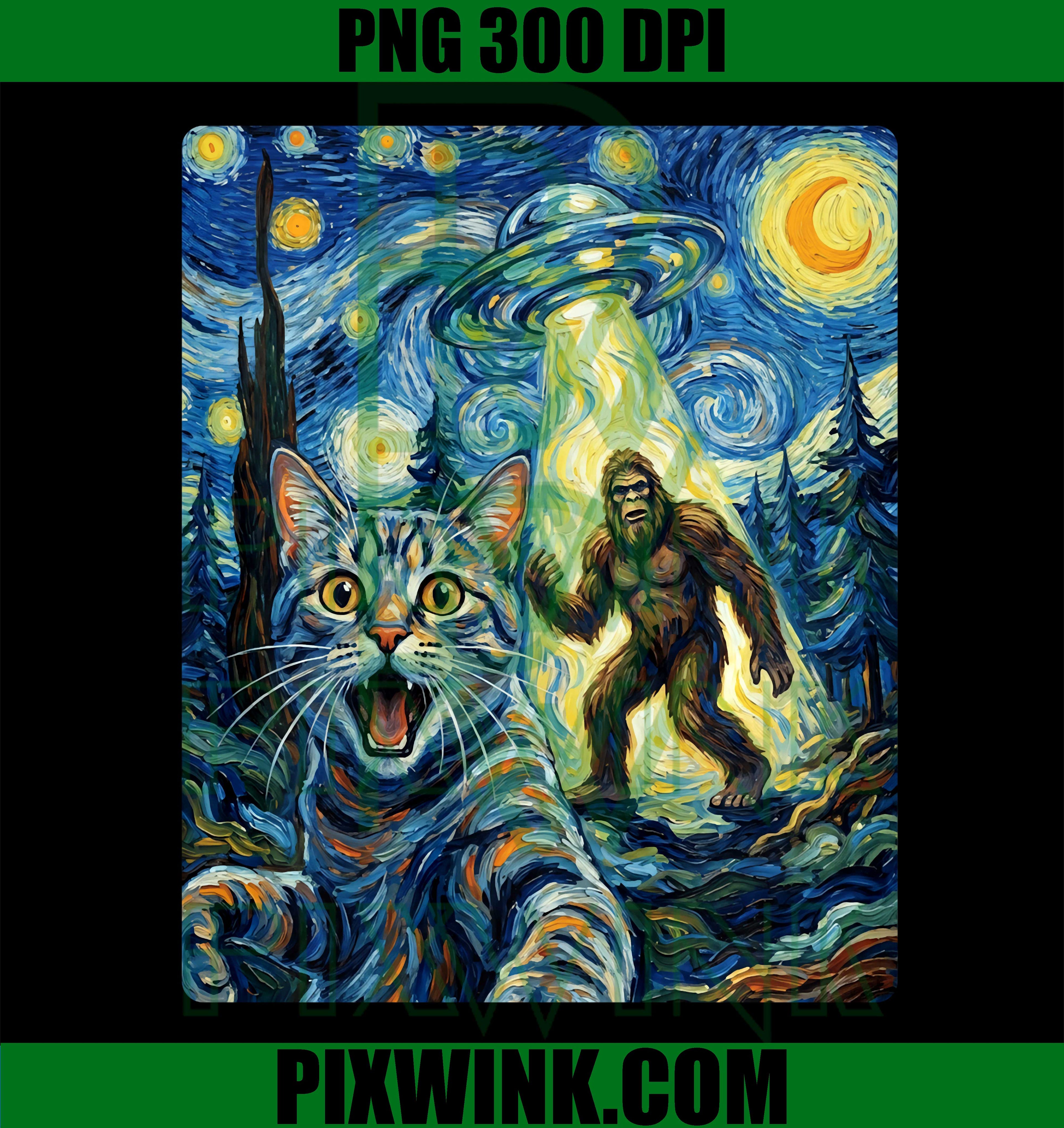 Cat Selfie Bigfoot UFO PNG, Van Gogh Style Cat PNG Funny Sasquatch Alien Design