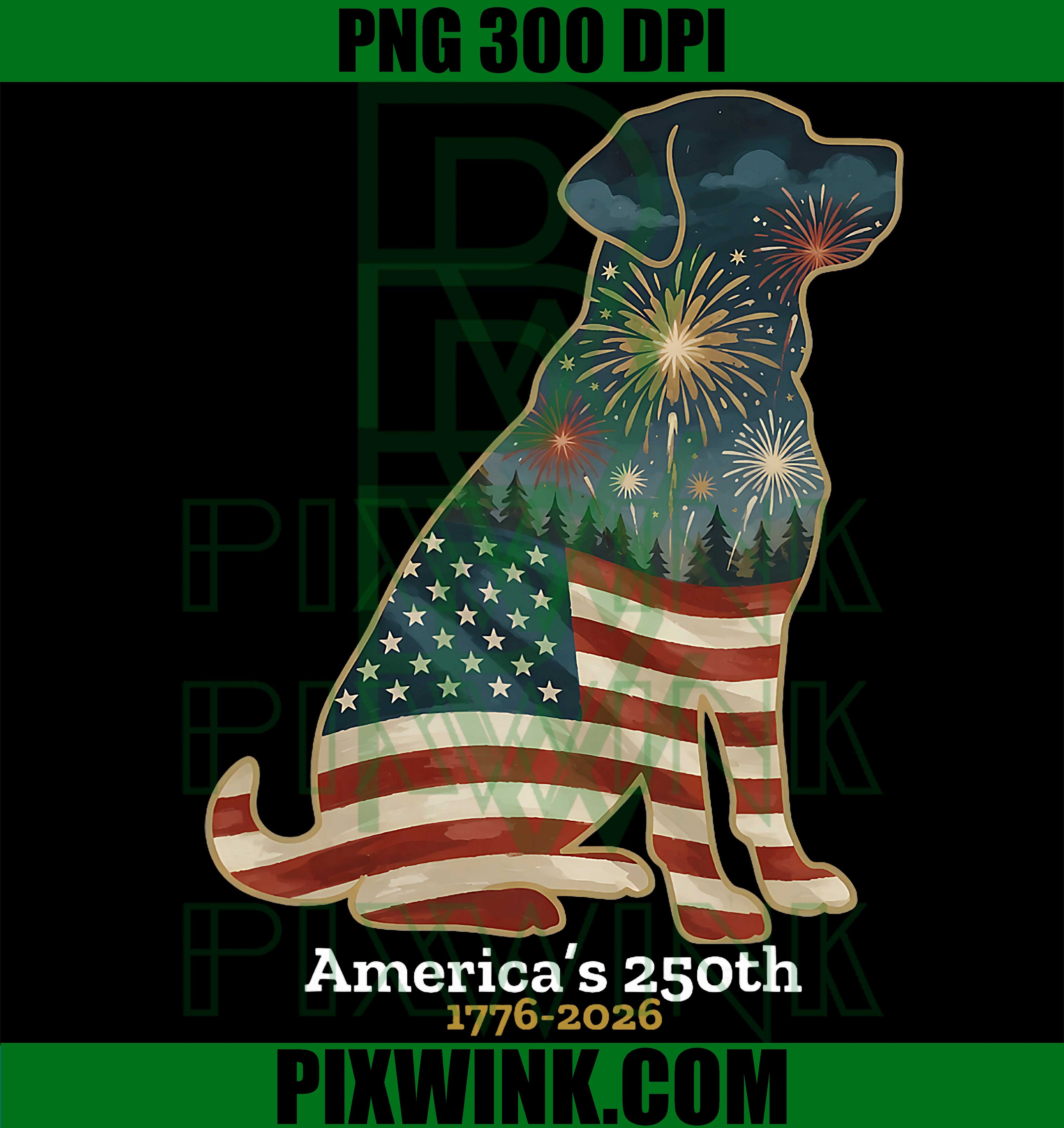 Labrador Retriever PNG, Patriotic Dog Fireworks 250th USA PNG Design