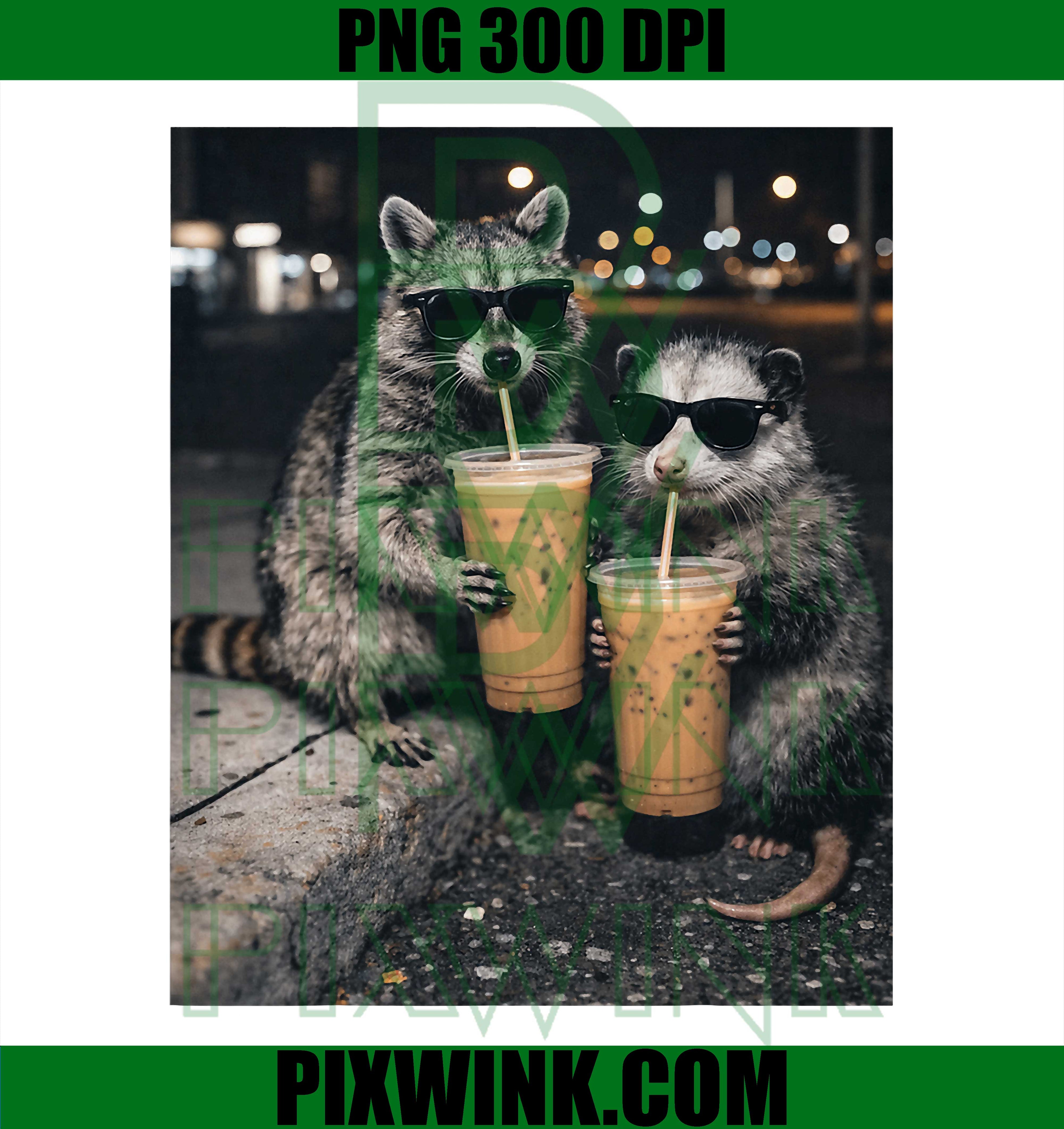 Funny Raccoon Opossum Coffee PNG, Cute Animal Meme PNG