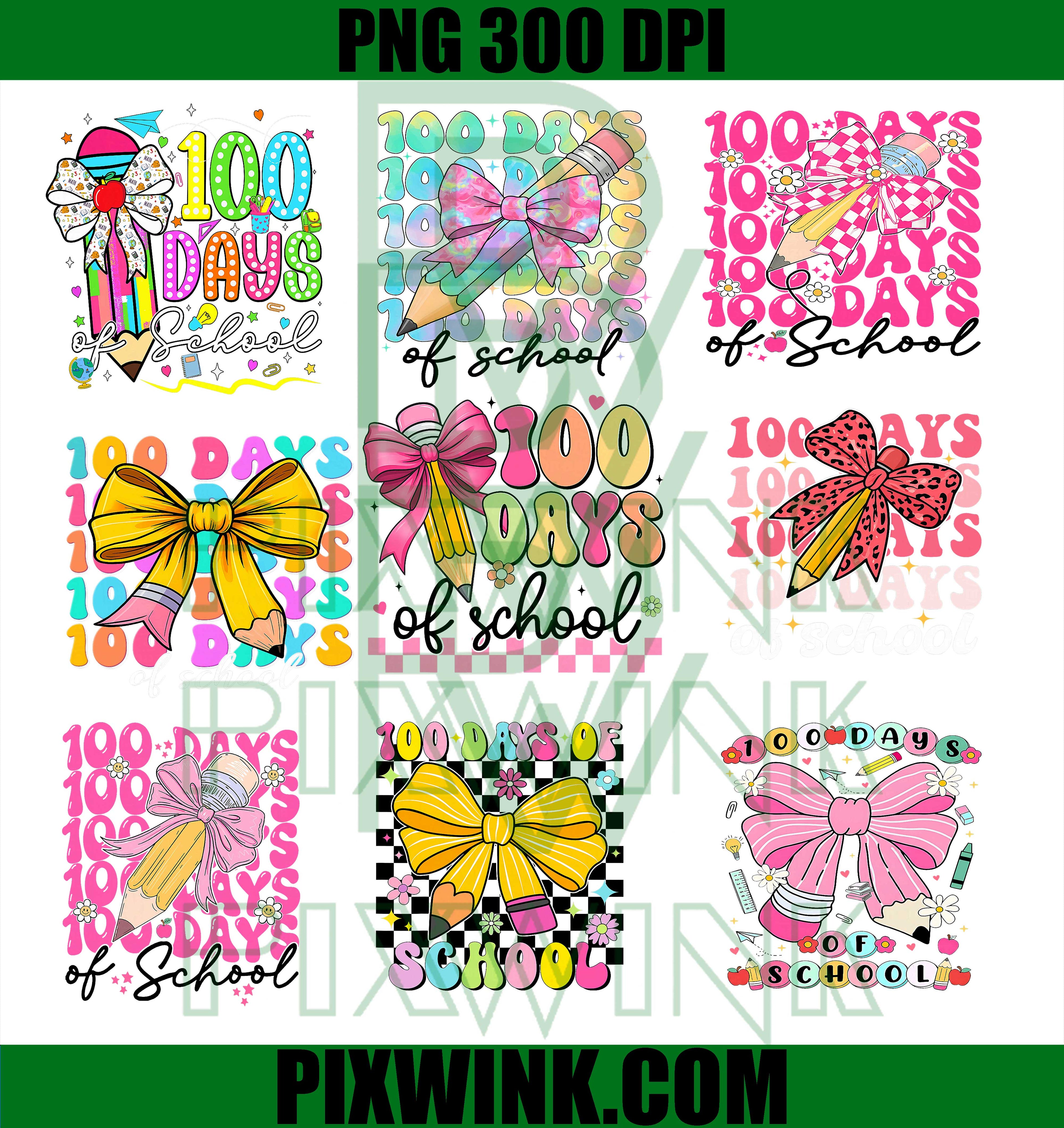 100 Days of School PNG Bundle, Cute Bow Pencil Girly Teacher PNG 