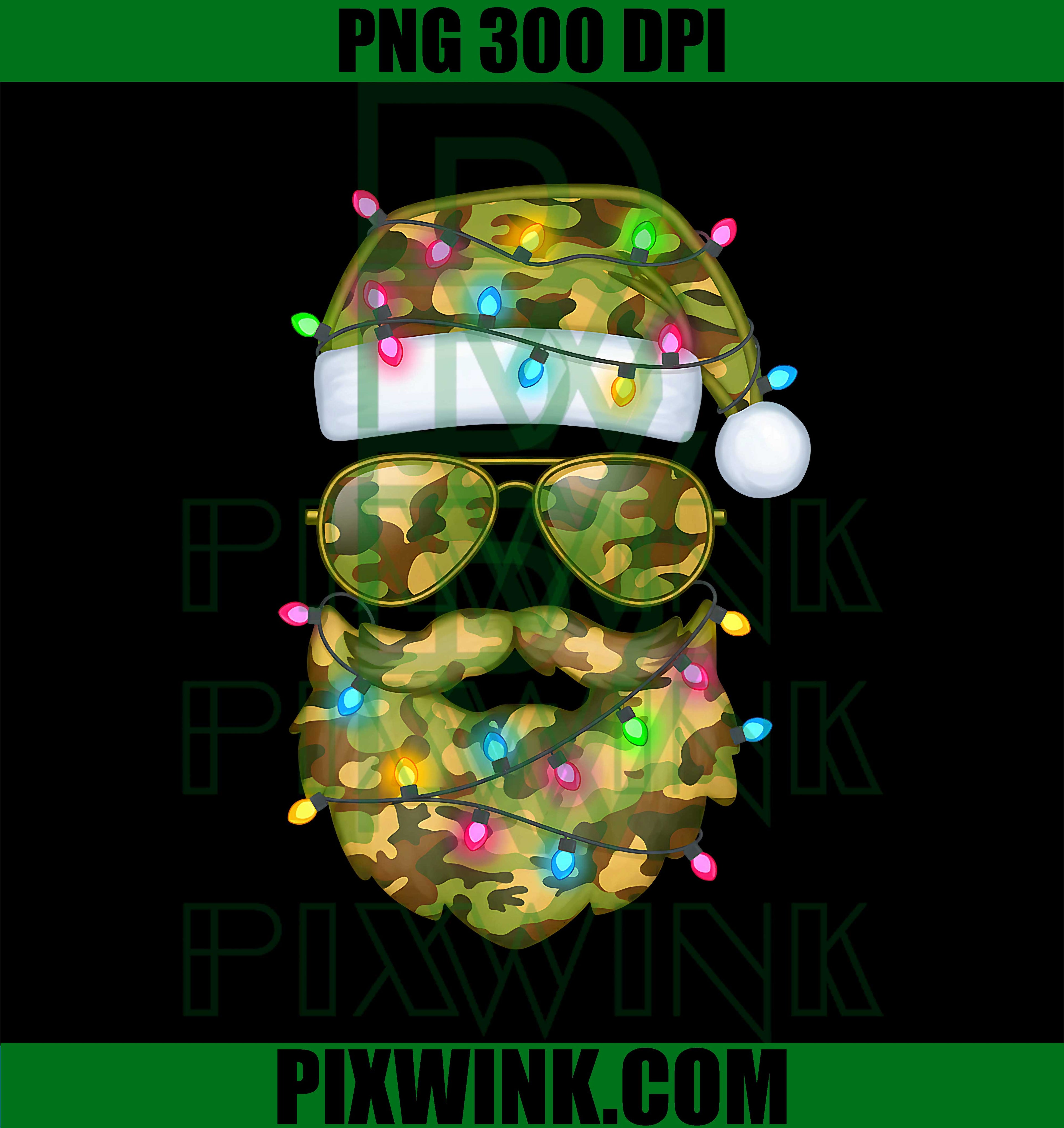 Camo Santa Claus Sunglasses Camouflage, Funny Xmas Lights PNG