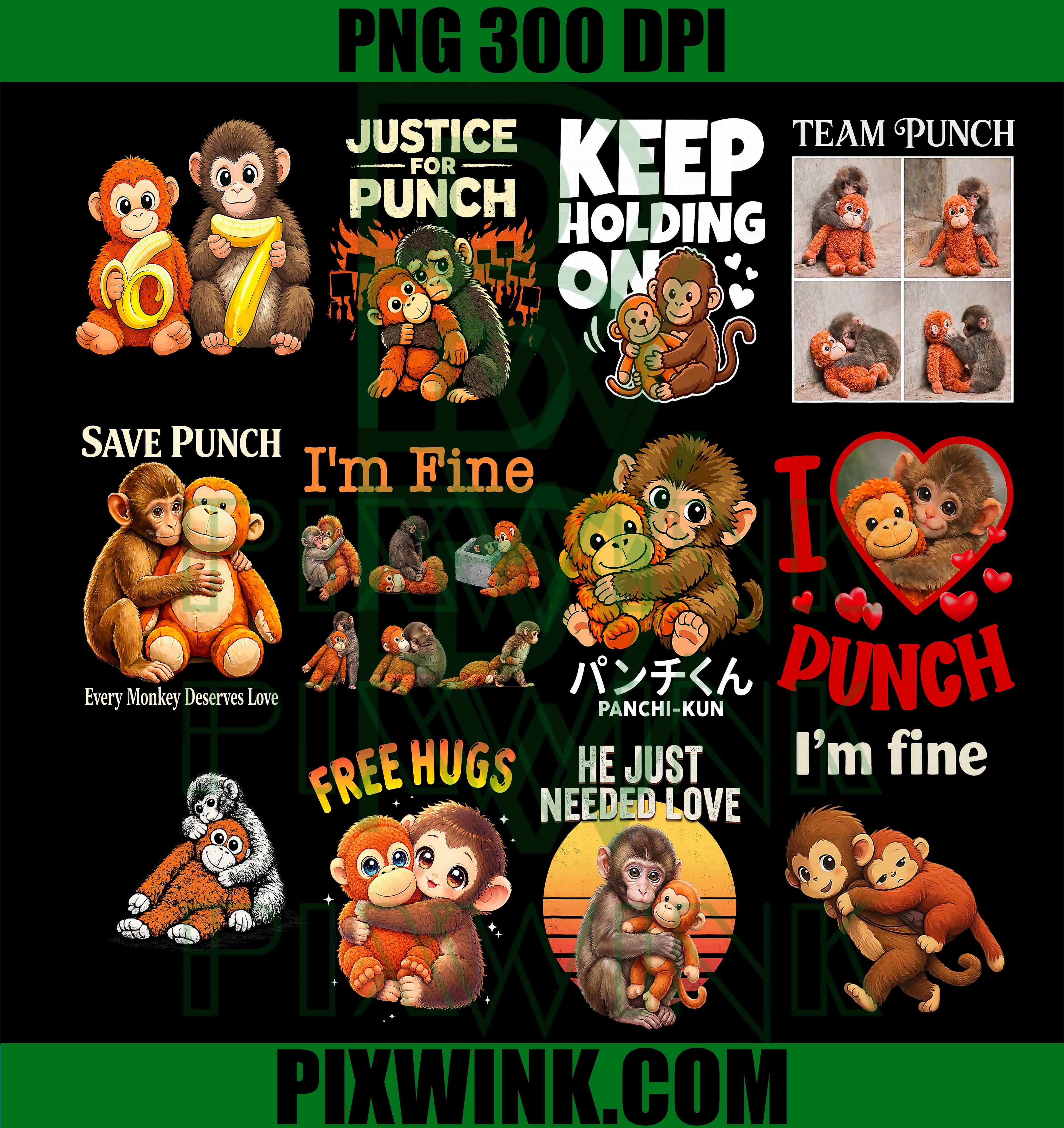 Punch Monkey Meme PNG Bundle, Team Punch Monkey Design PNG, Cute Monkey Teddy Bear PNG