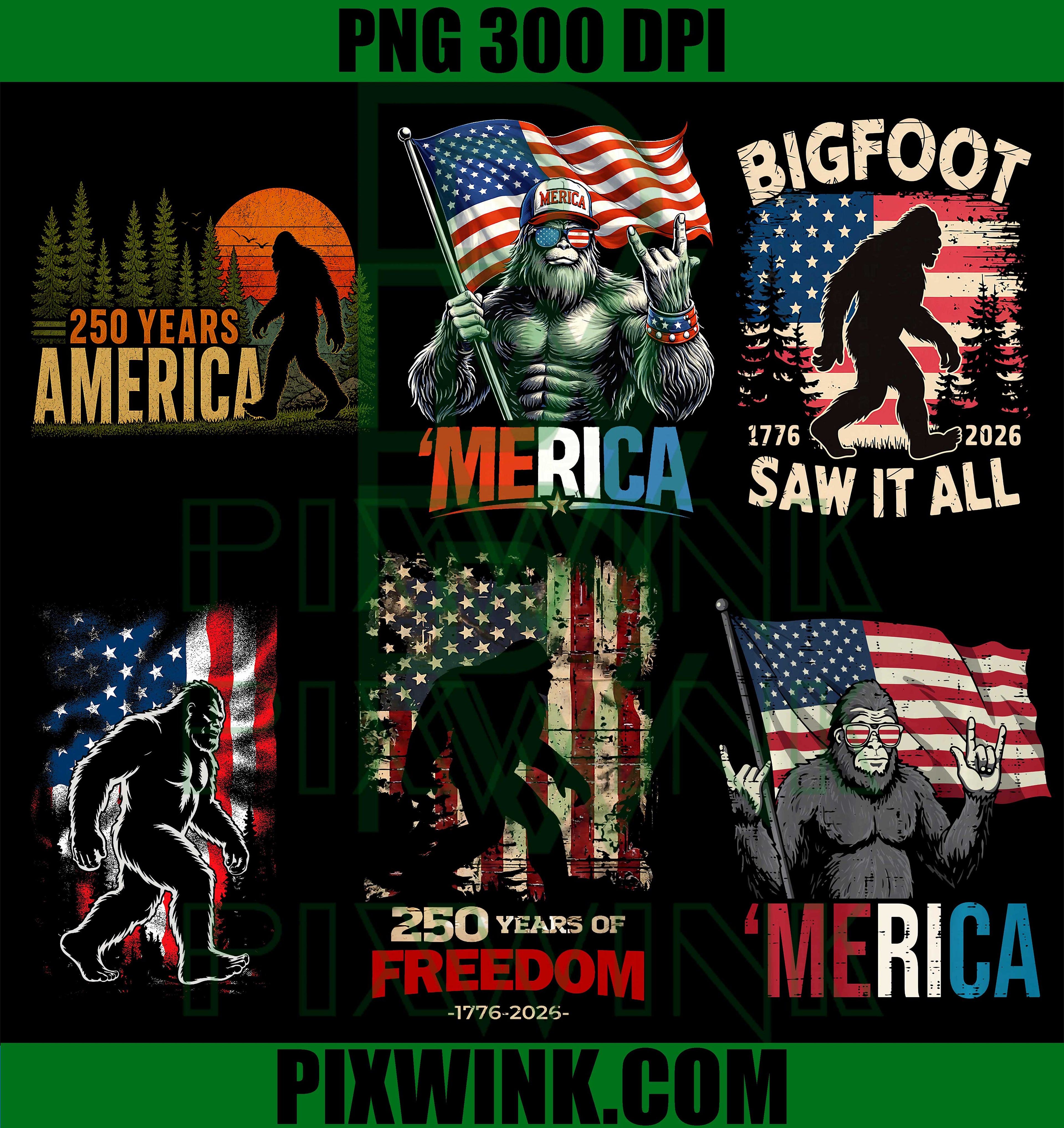 Merica 250 Years of Freedom Bigfoot Bundle PNG, USA Flag Patriotic Sasquatch PNG