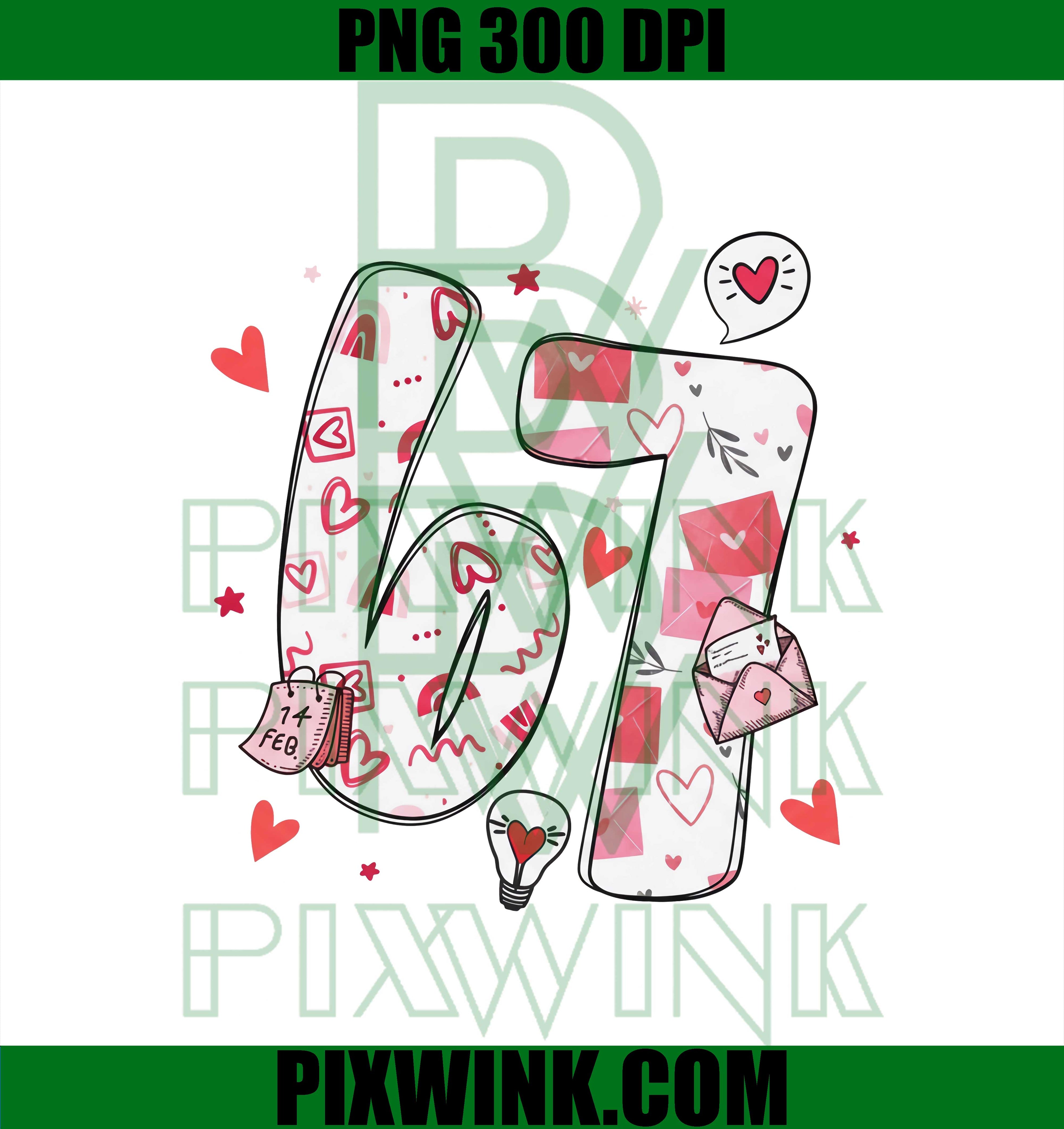 Valentine PNG, Number 67 with Hearts and Love Letter Design PNG
