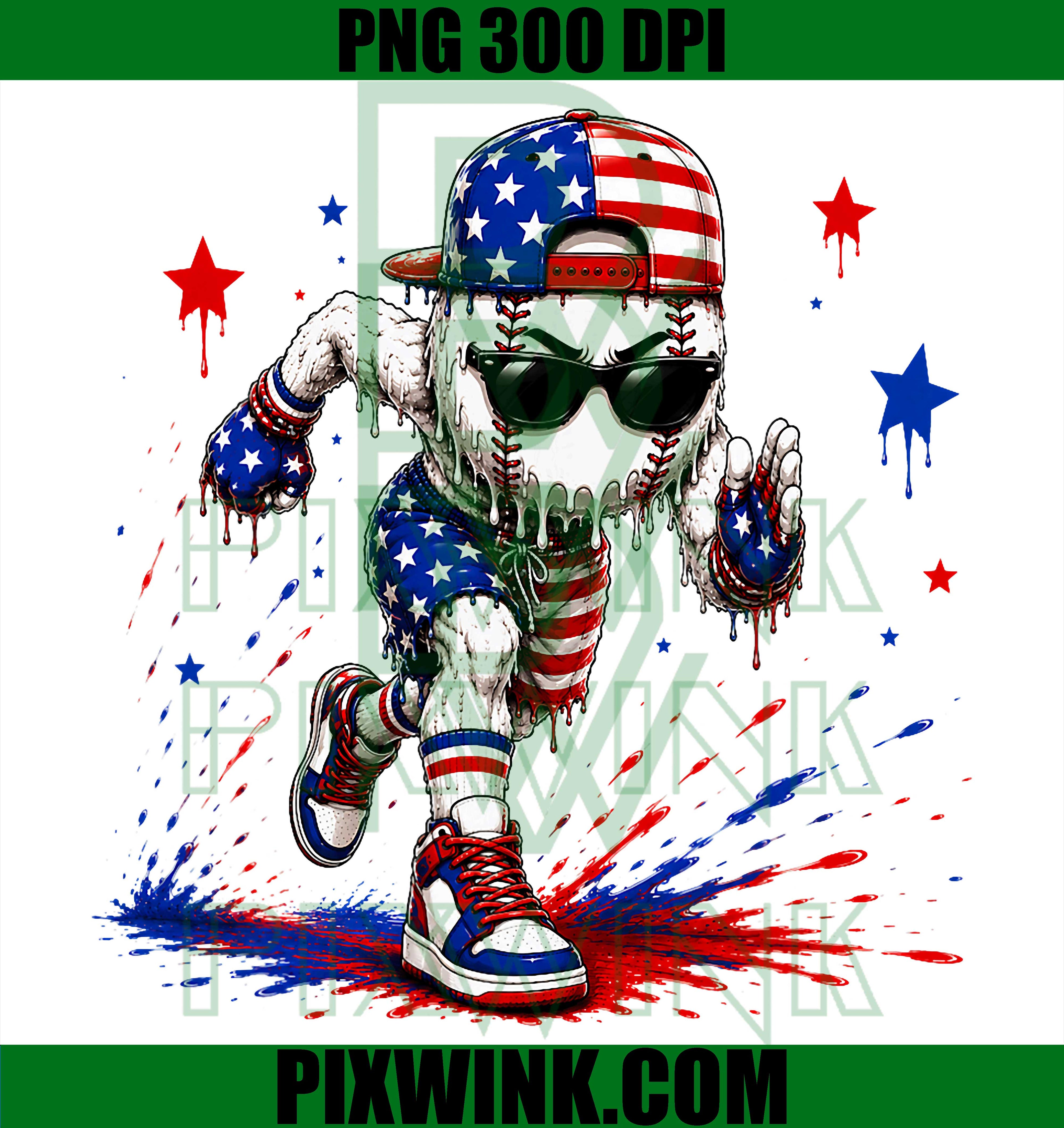 4th July Baseball Drip PNG, Patriotic USA Flag Kids PNG