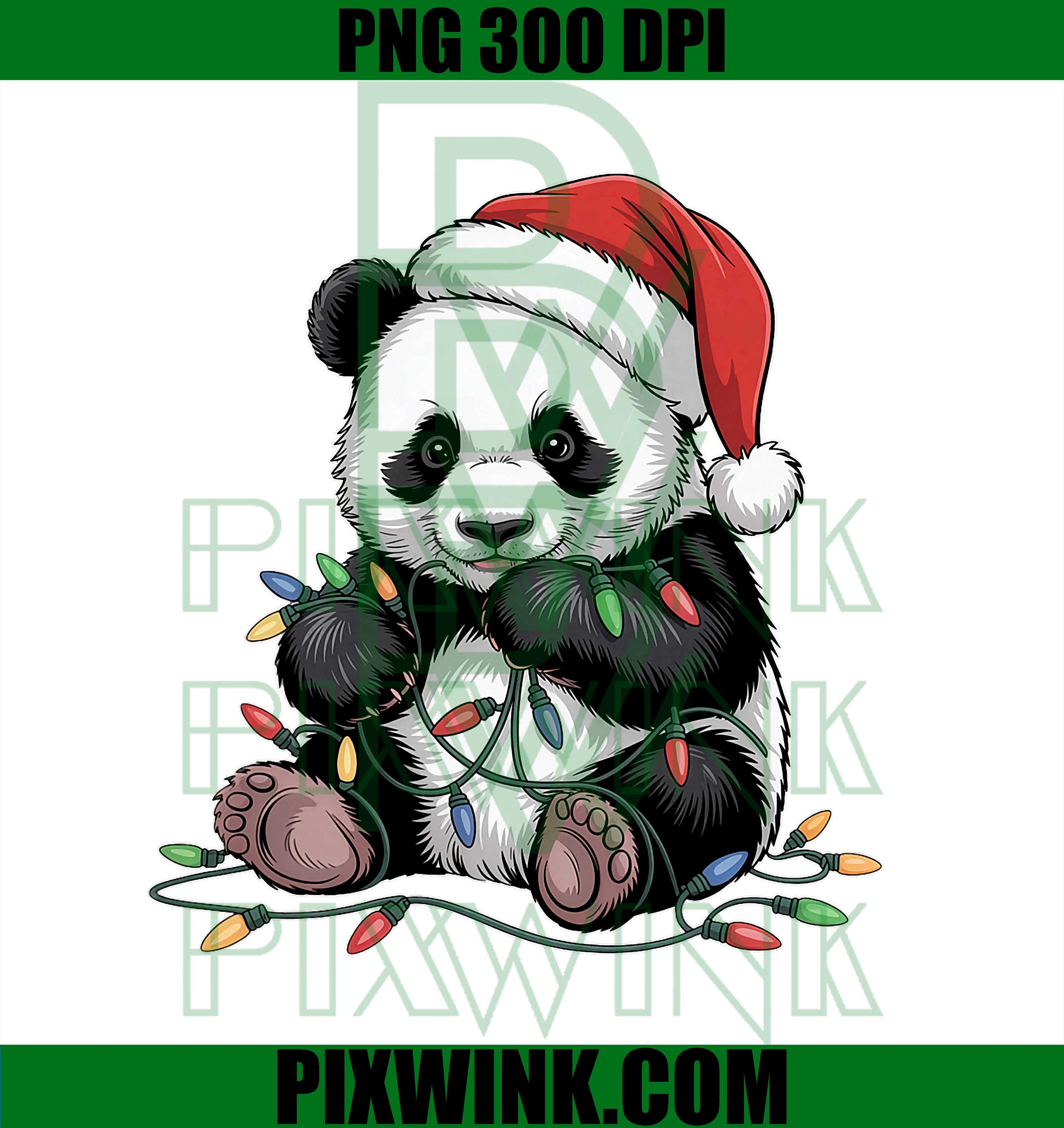 Funny Panda Lights Xmas Graphic Design PNG, Cute Panda Santa Hat PNG