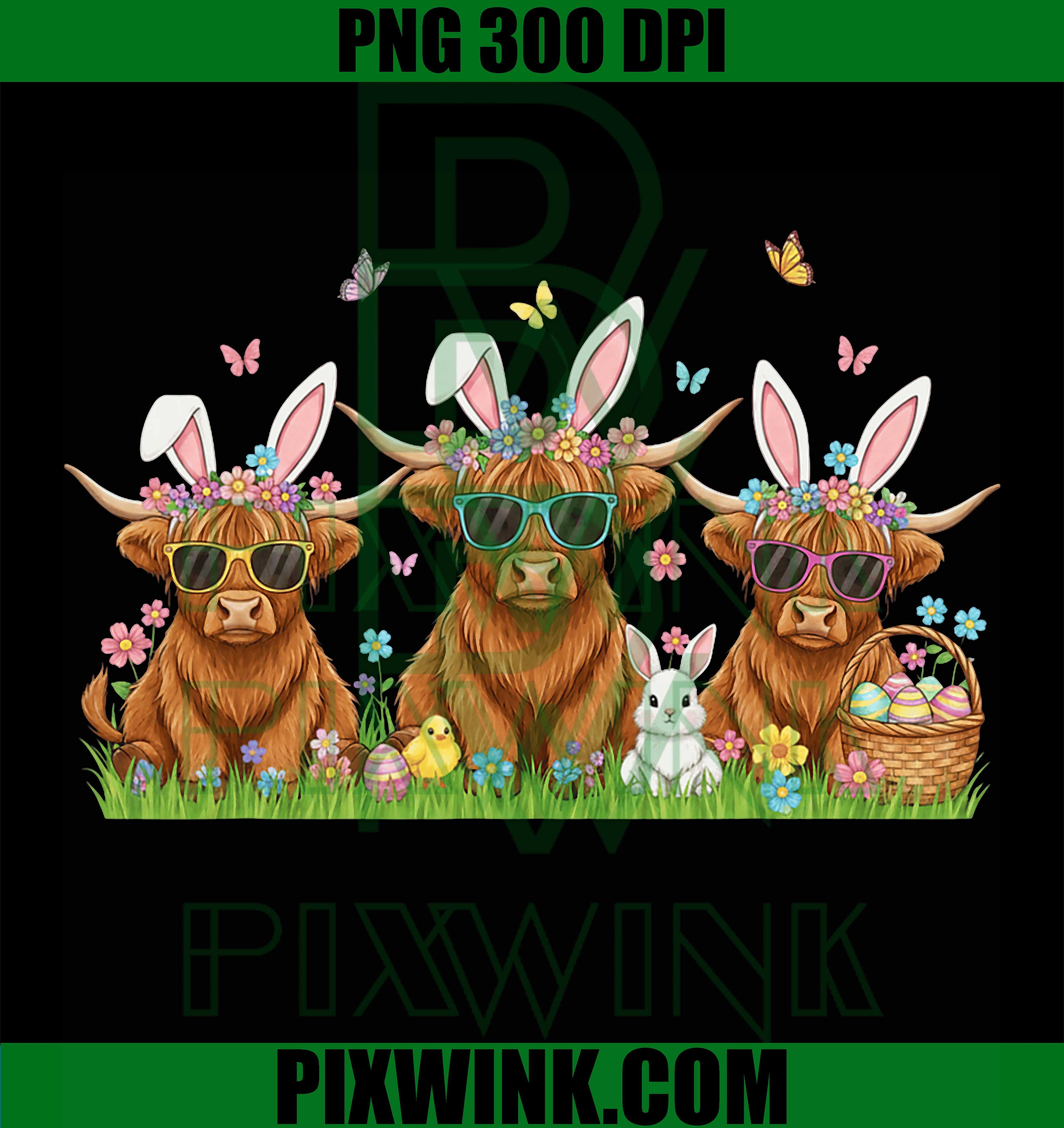 Easter Highland Cow PNG, Cute Bunny Cow Eggs Design PNG