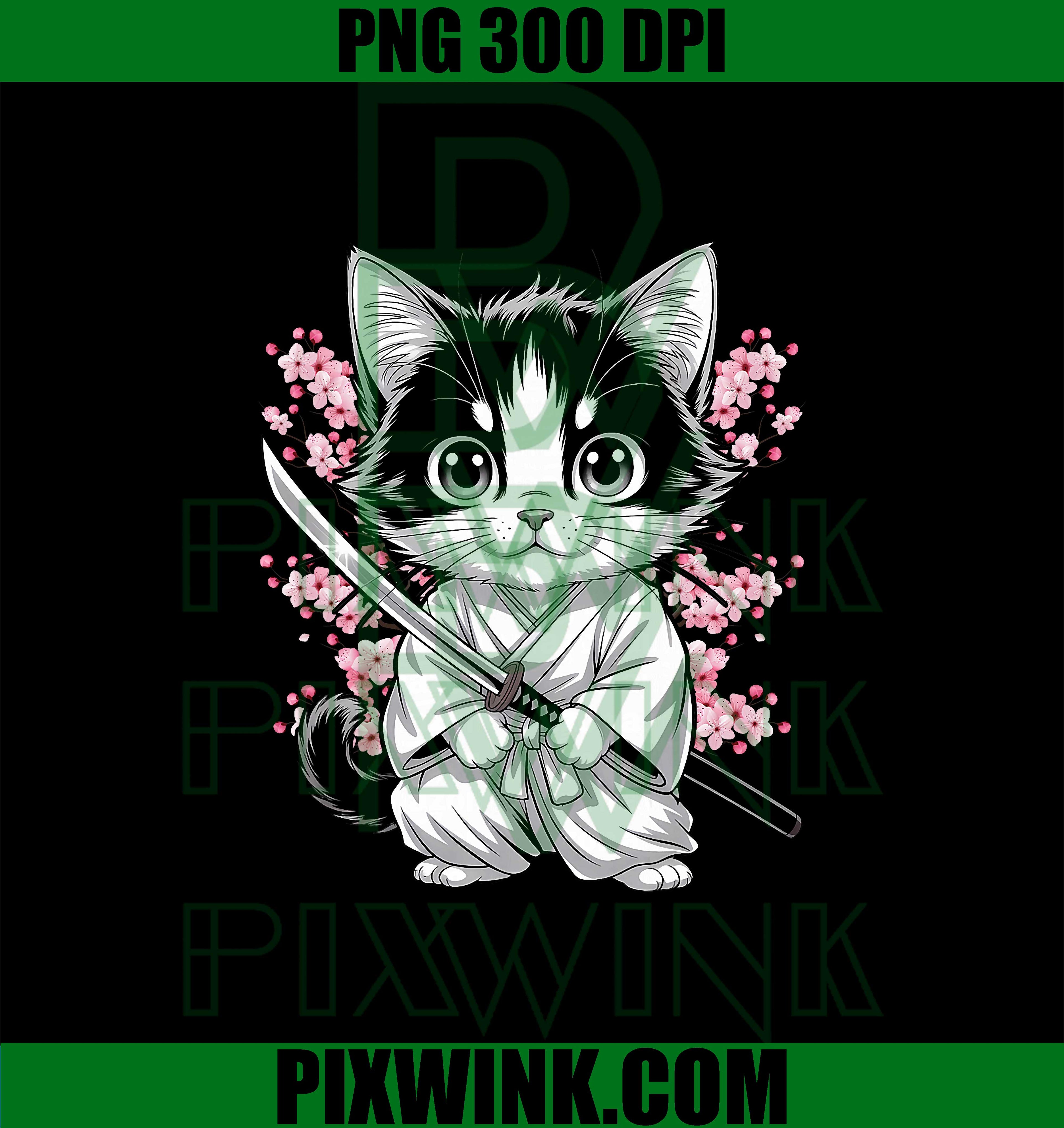 Classic Cute Kawaii Baby Samurai Cat PNG, Cute Japanese Sakura PNG