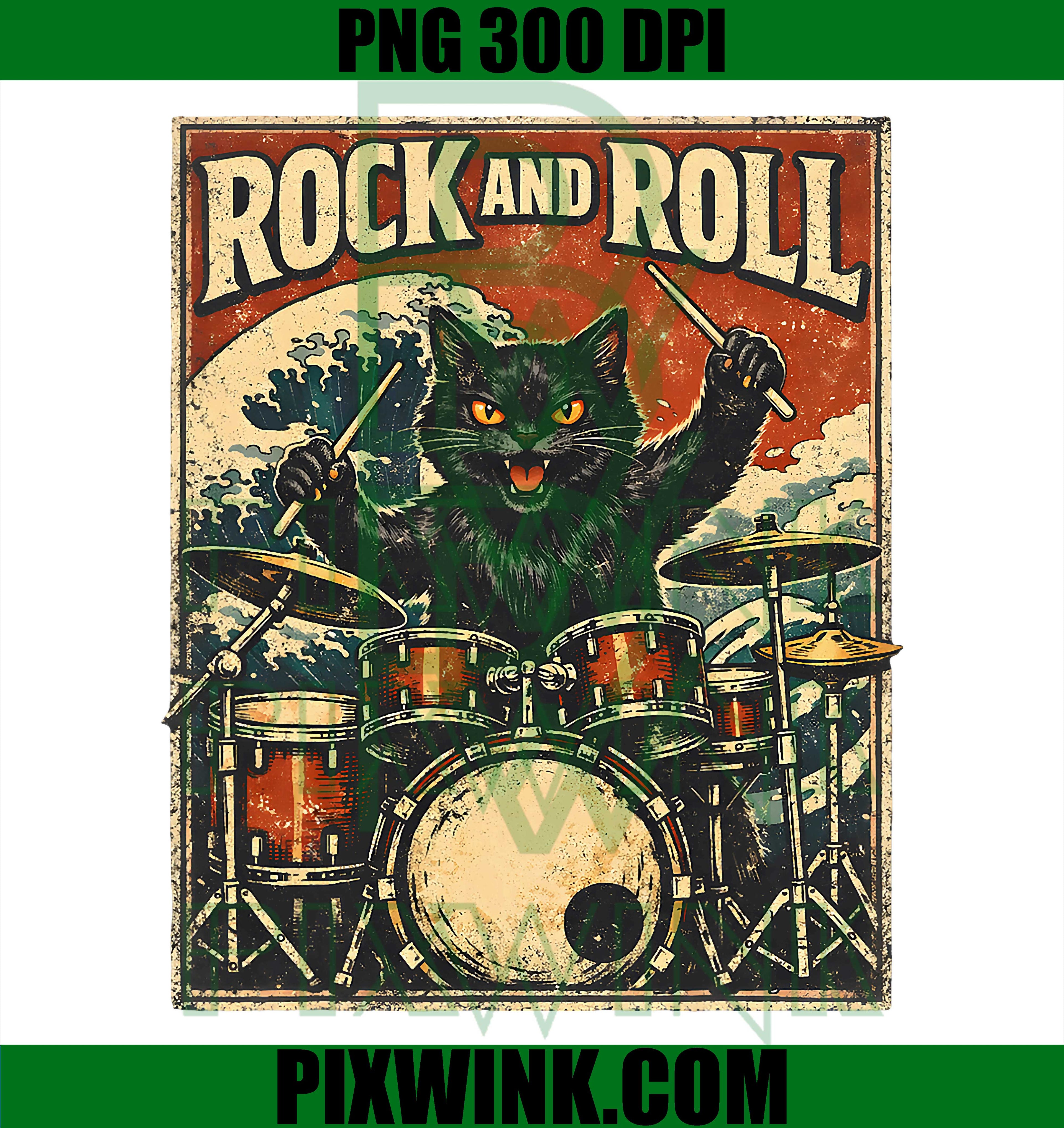 Cat Playing Drums PNG, Vintage Rock Drummer Retro Design
