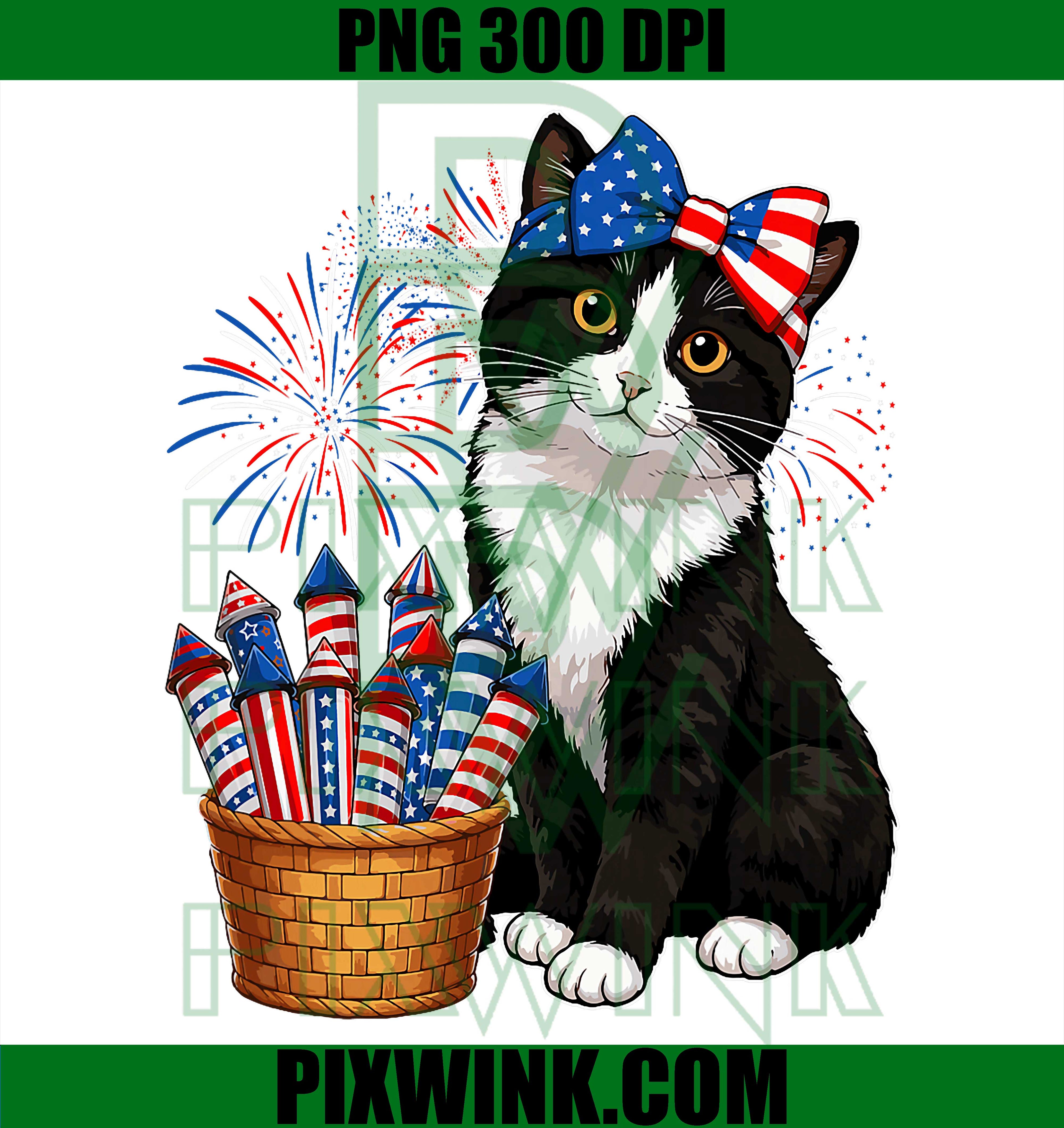 Tuxedo Cat Fireworks USA Flag PNG, Patriotic Black and White Cat PNG