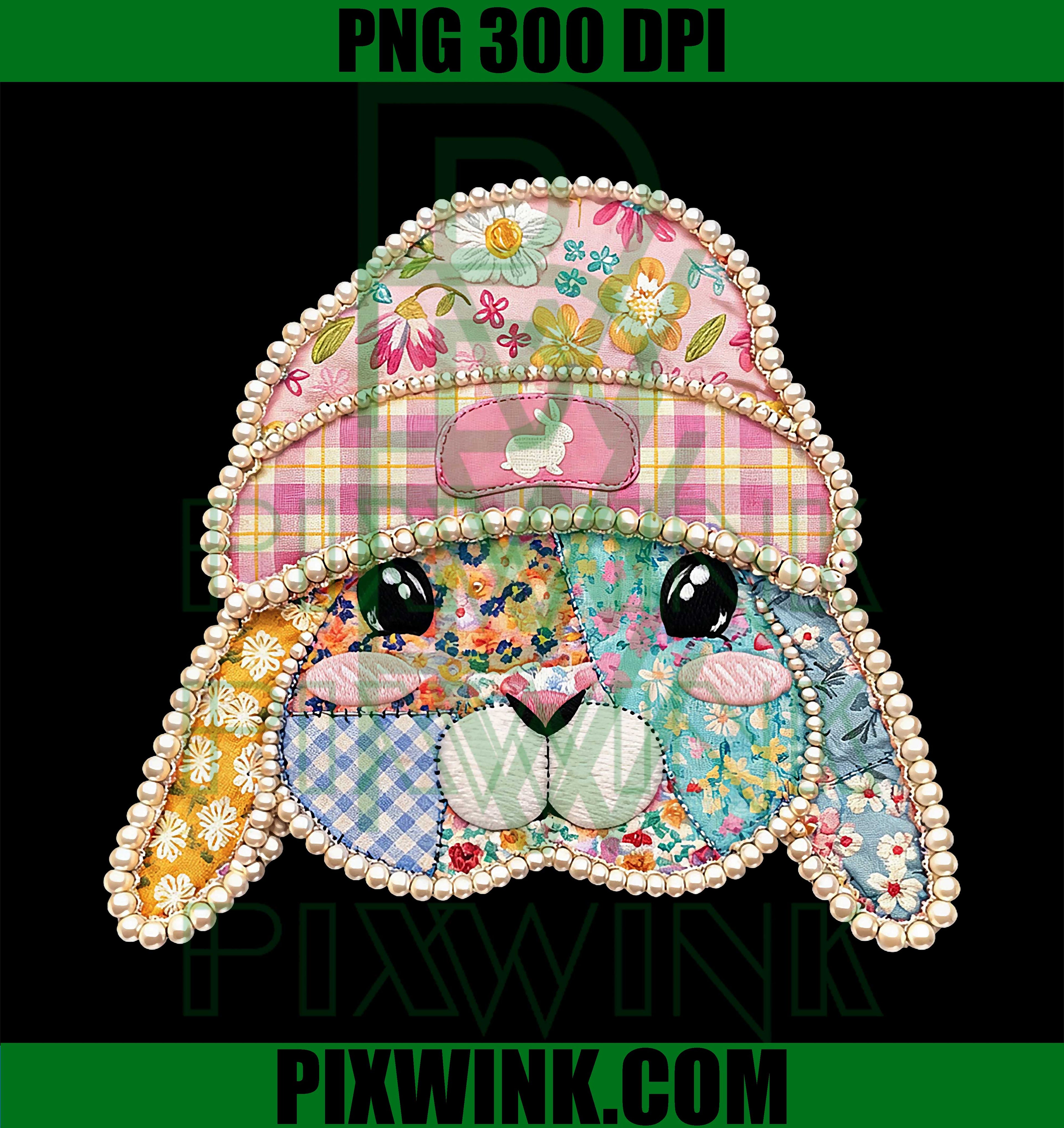 Patchwork Floral Bunny PNG, Coquette Easter PNG, Bunny Face PNG