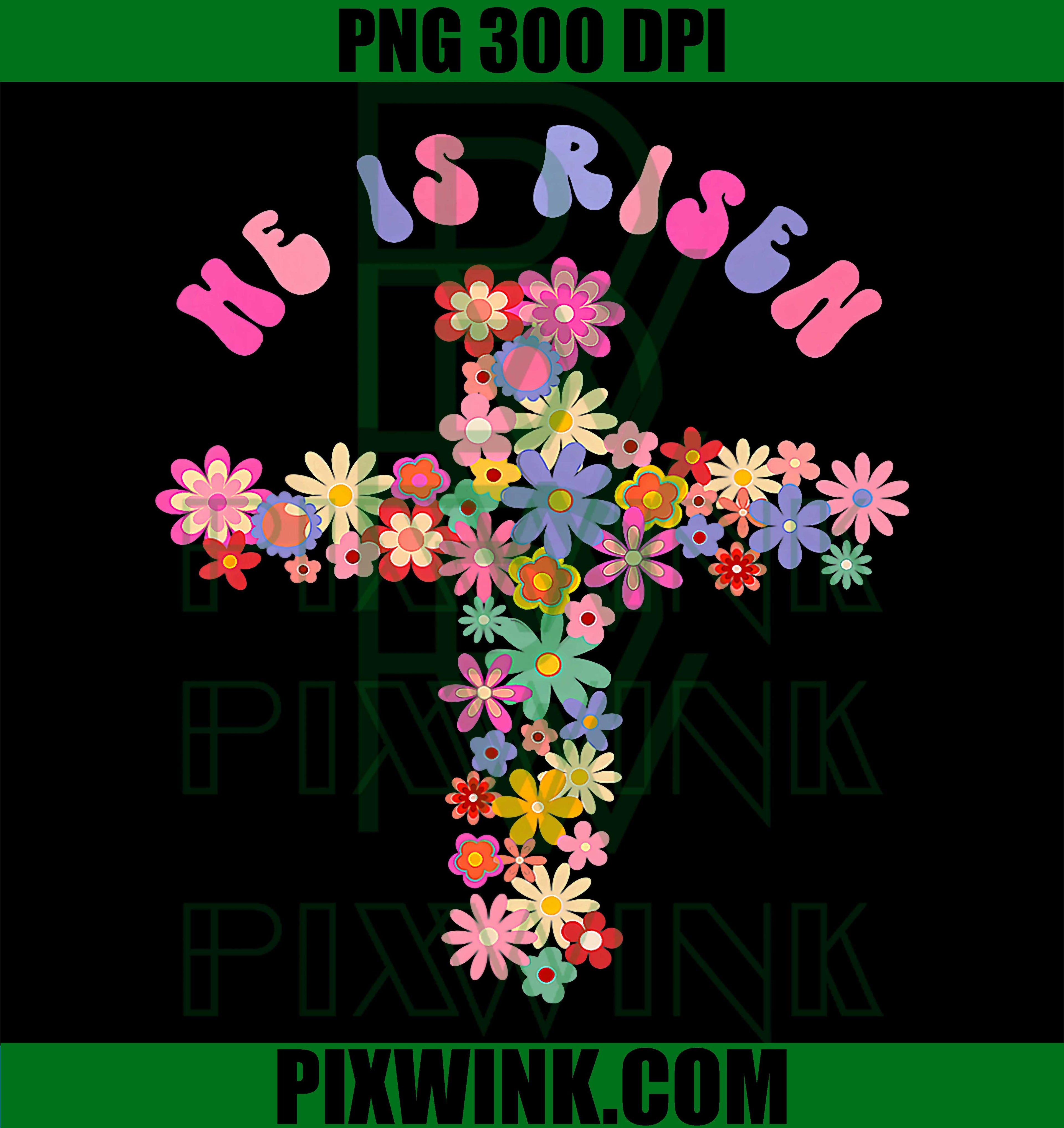 He Is Risen Floral Cross PNG, Christian Easter Flower Cross PNG, Religious Spring Design PNG