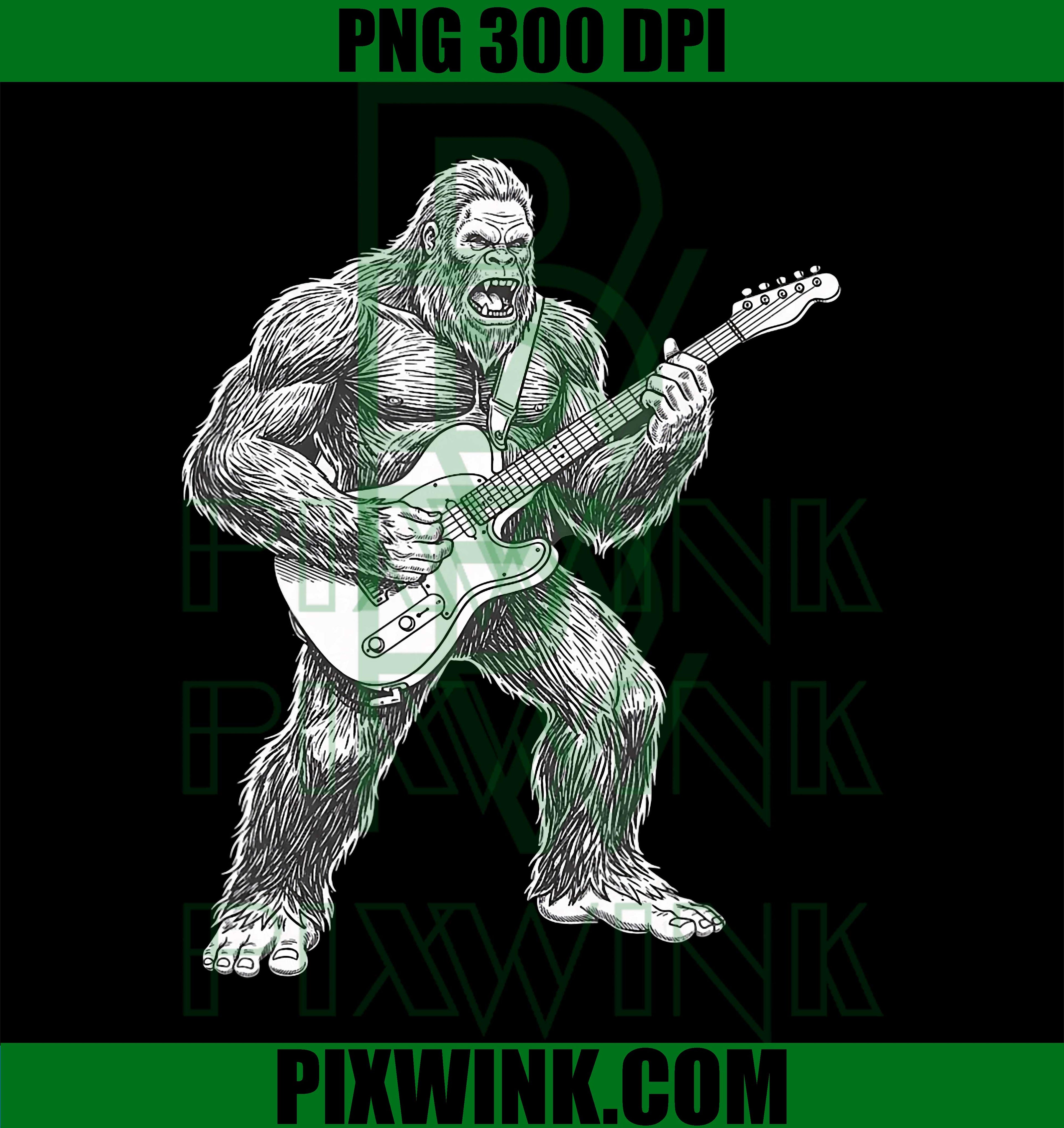 Bigfoot Playing Guitar, Rocker Sasquatch Illustration, Concert PNG