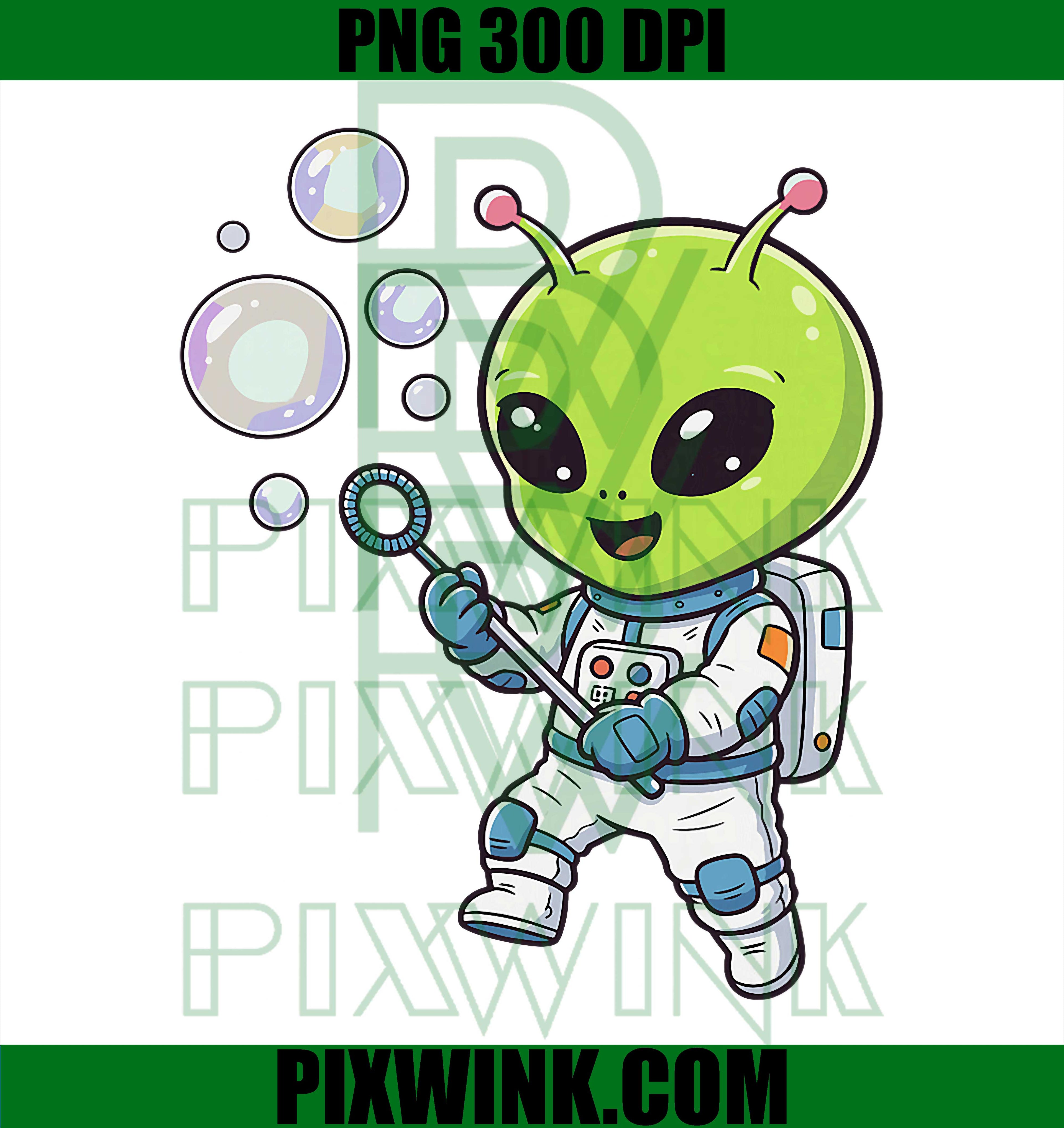 Kawaii Green Alien Astronaut PNG, Blowing Bubbles Cute Space PNG
