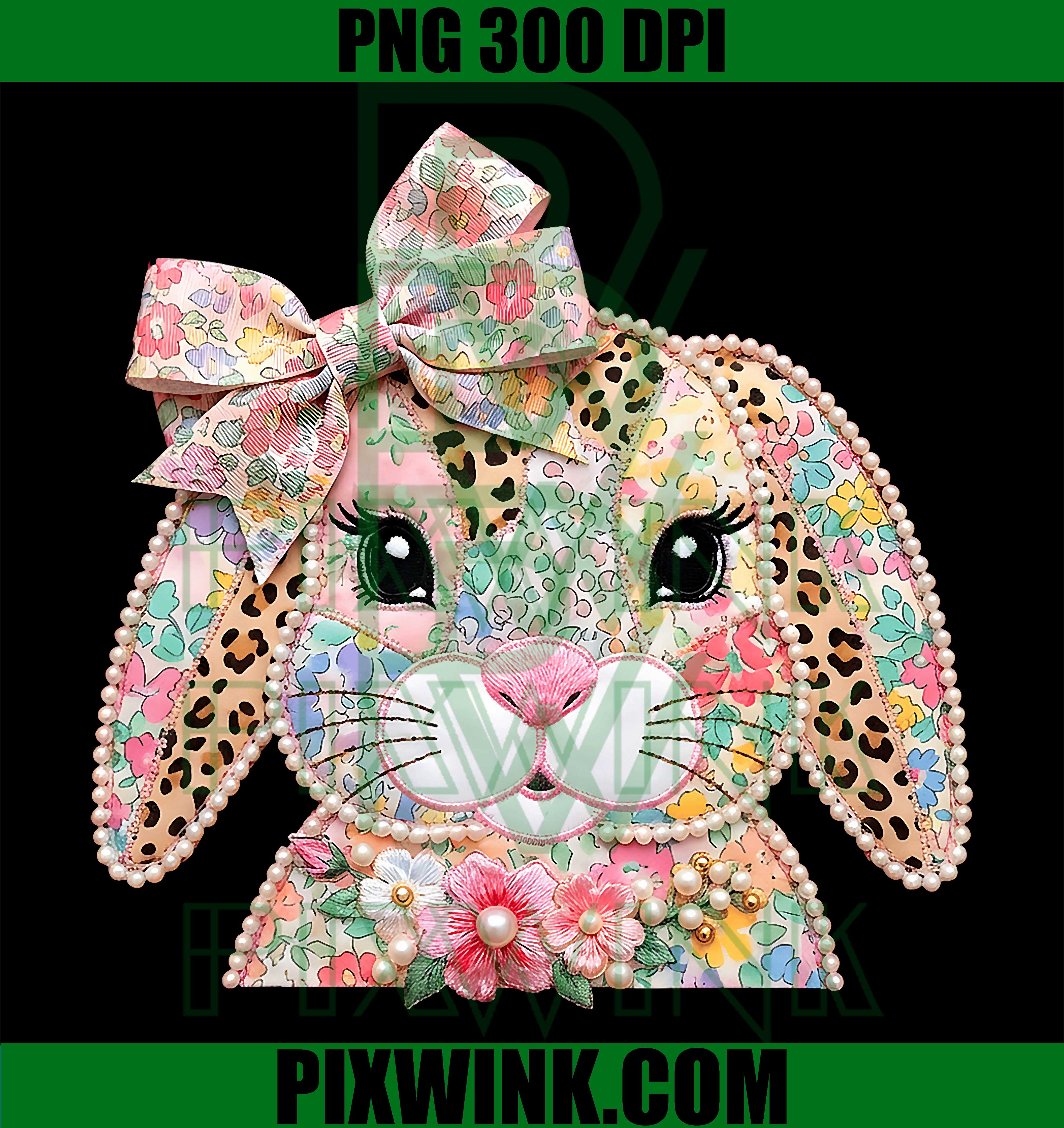 Patchwork Floral Leopard Bunny PNG, Coquette Easter PNG, Bunny Face PNG