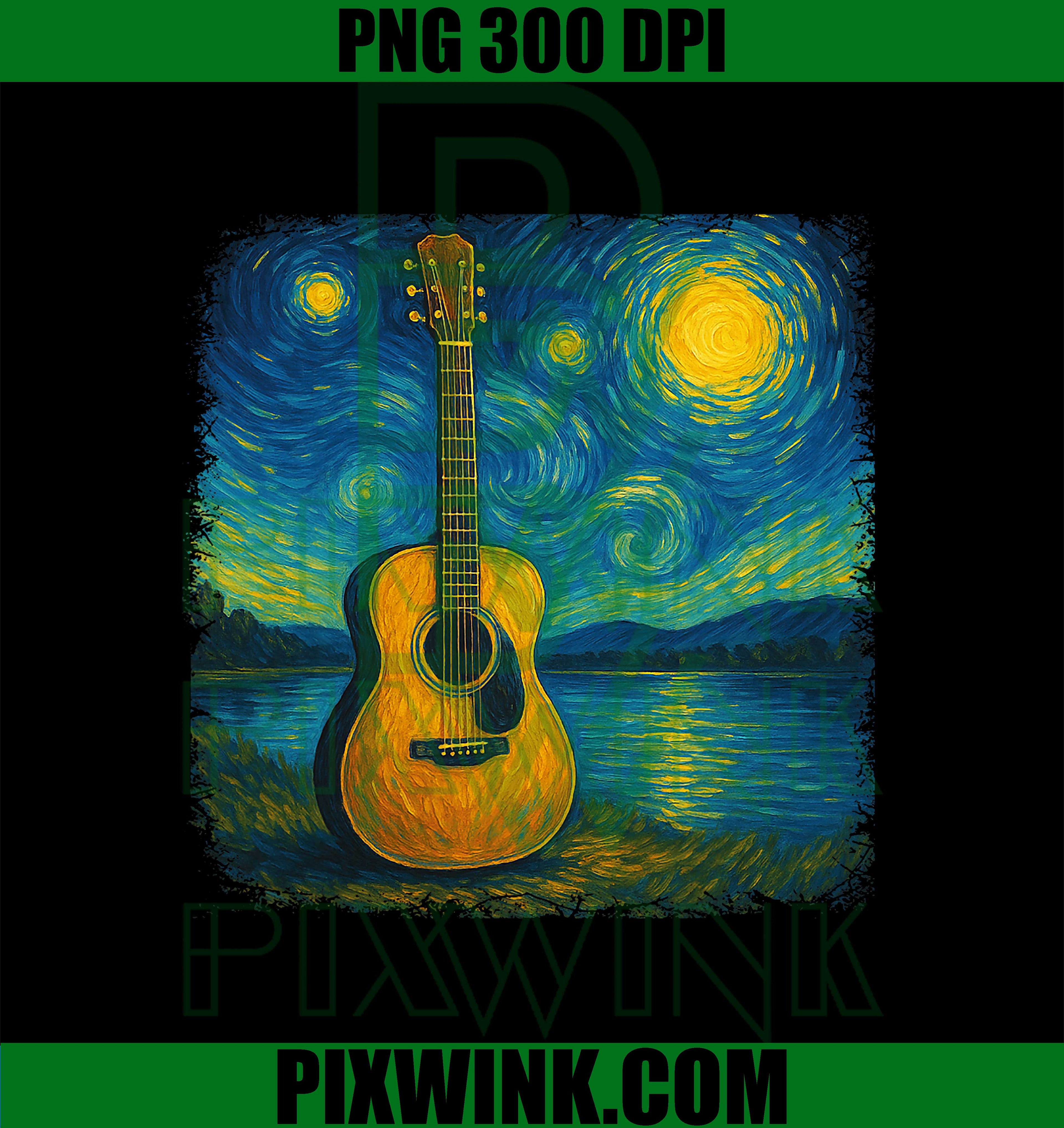 Acoustic Guitar Lake Starry Night Van Gogh Music Guitarist PNG