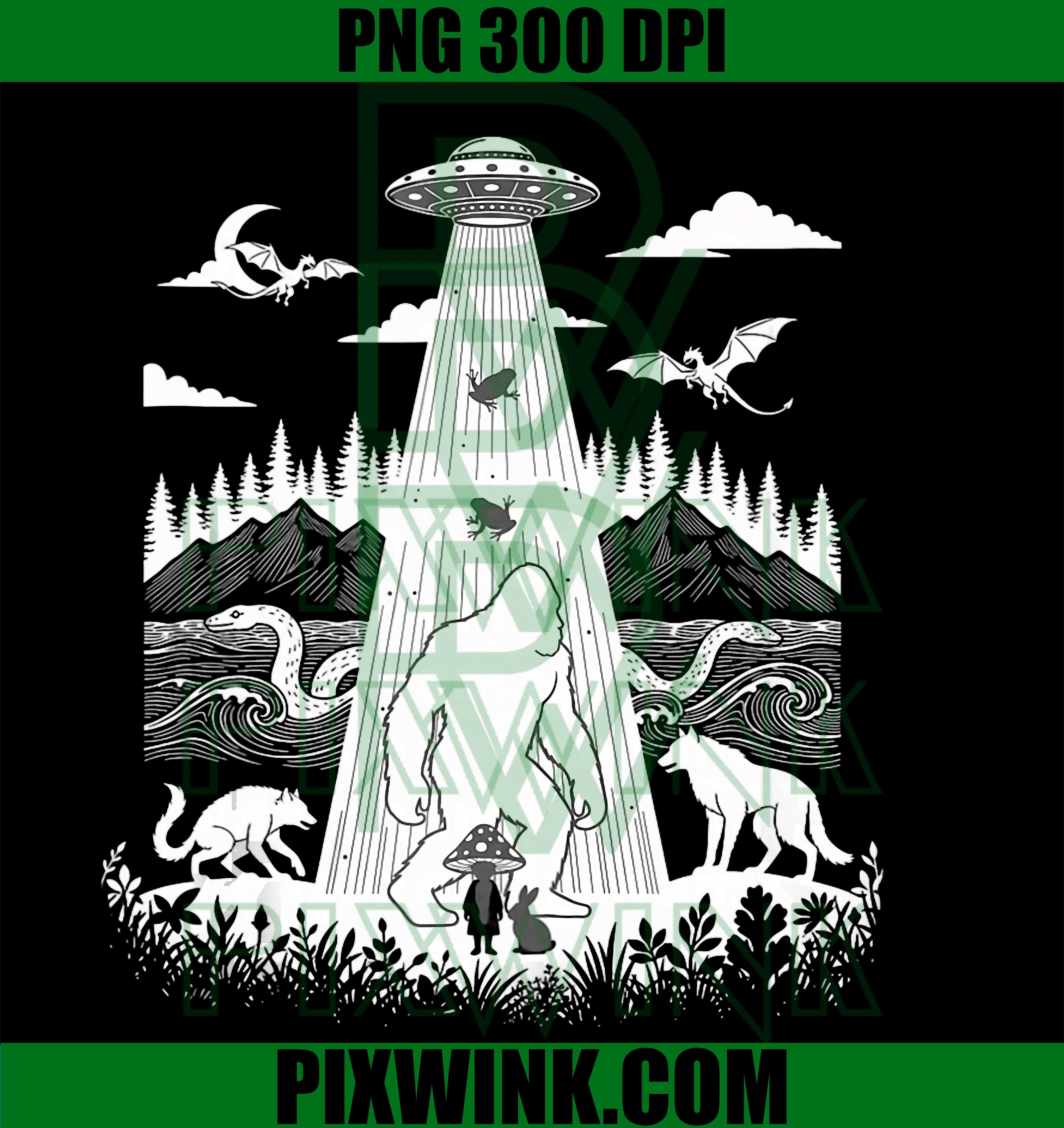 Bigfoot UFO Abduction, Kids Cryptid Adventure, Dragon Wyvern PNG