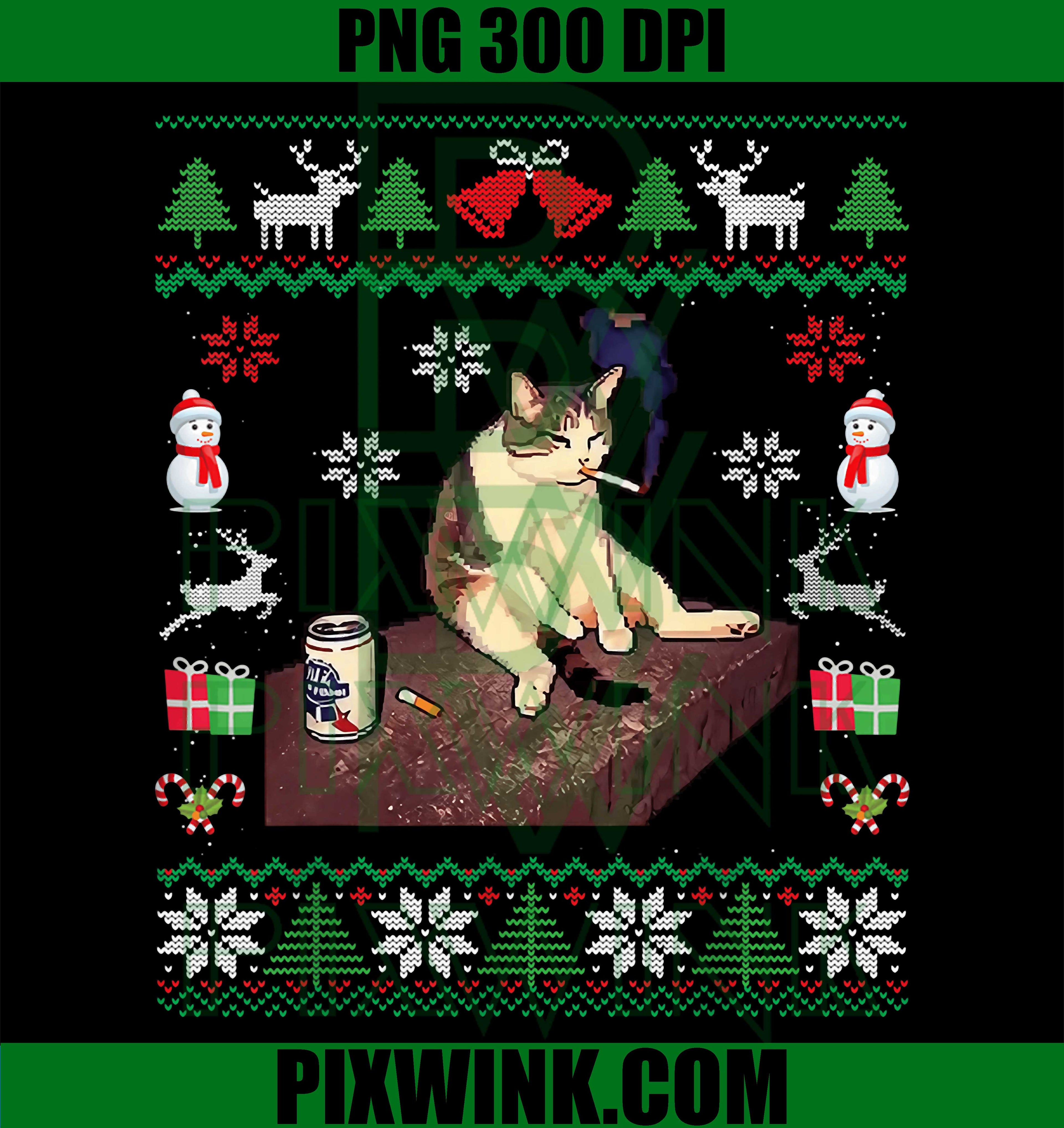 Cigarette Kitten, Funny Smoking Cat Christmas Ugly Style PNG