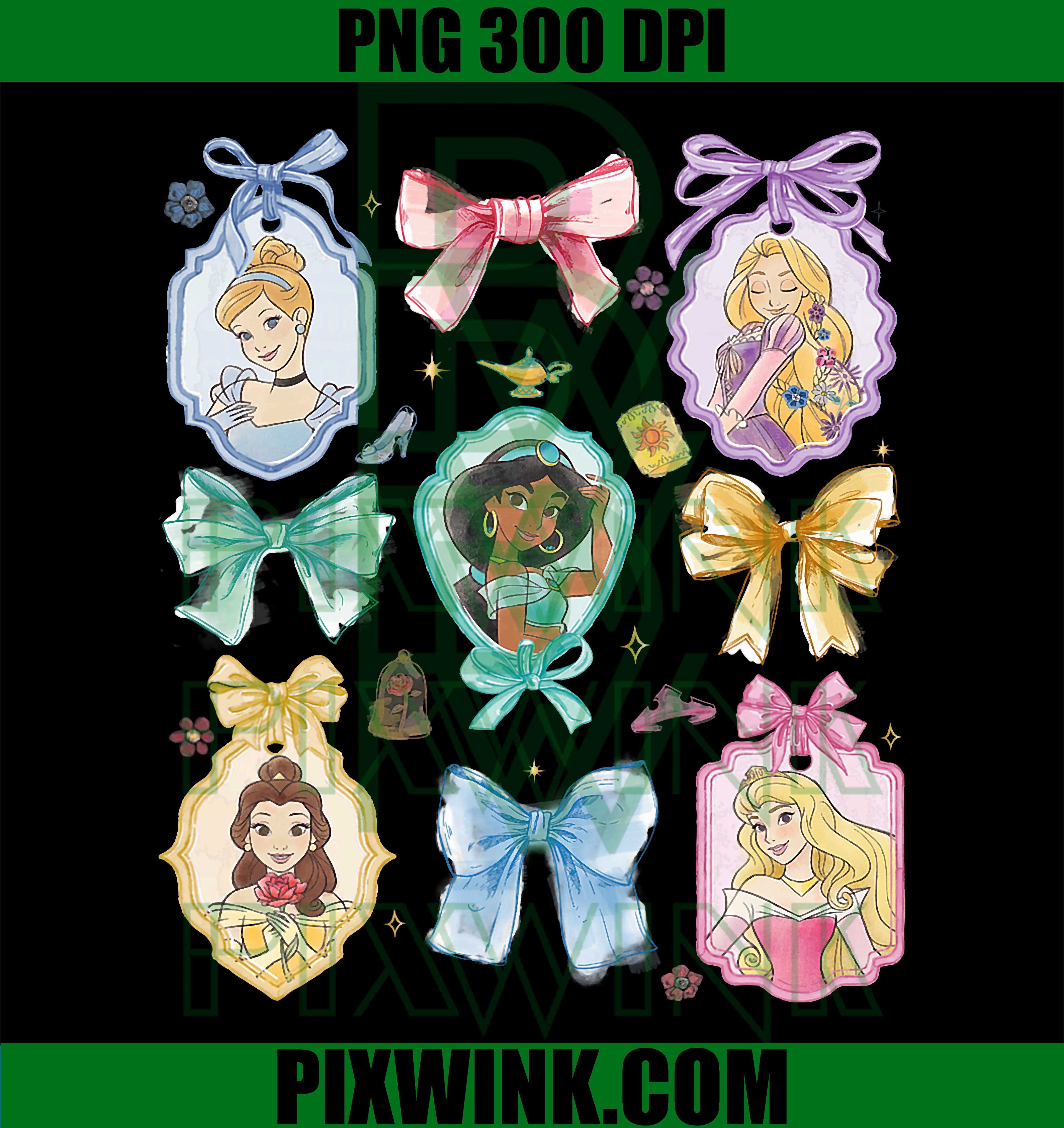 Disney Princess and Bows Watercolor Portraits Collage PNG
