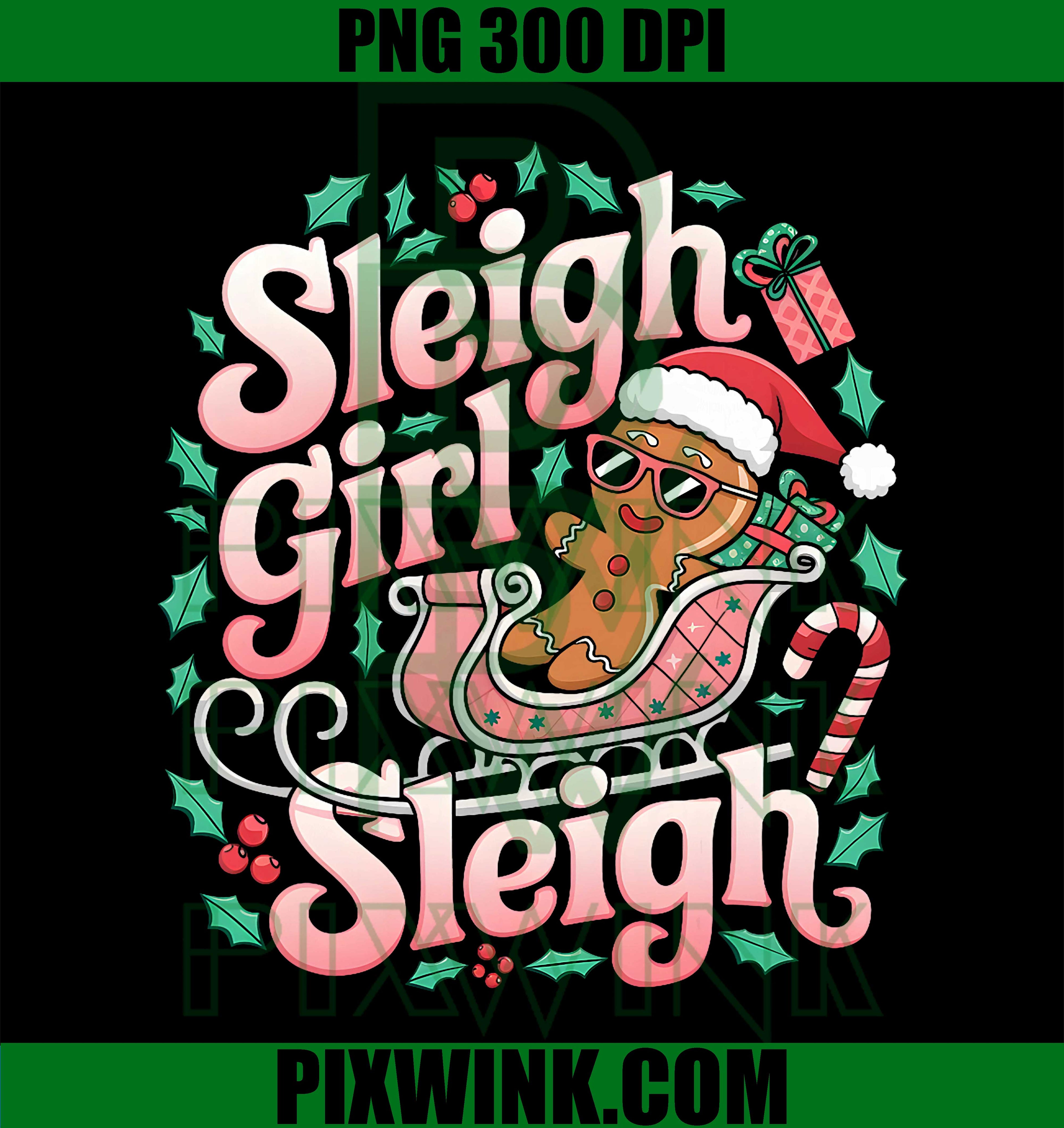 Groovy Pink Christmas Sleigh Girl, Sleigh Gingerbread Holiday PNG