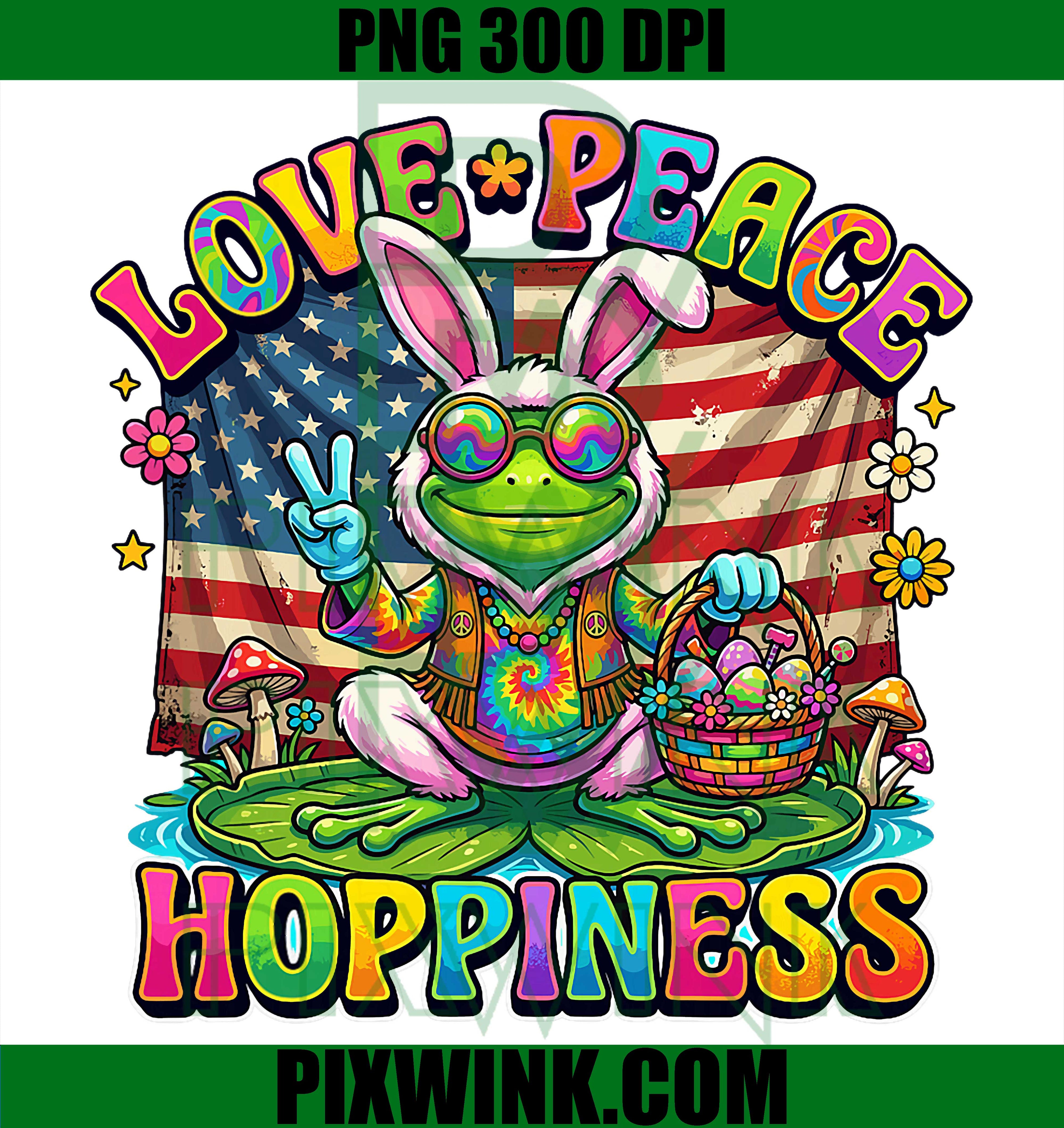 Patriotic Retro Frog PNG, Easter Bunny Ears PNG, Love Peace Hoppiness PNG