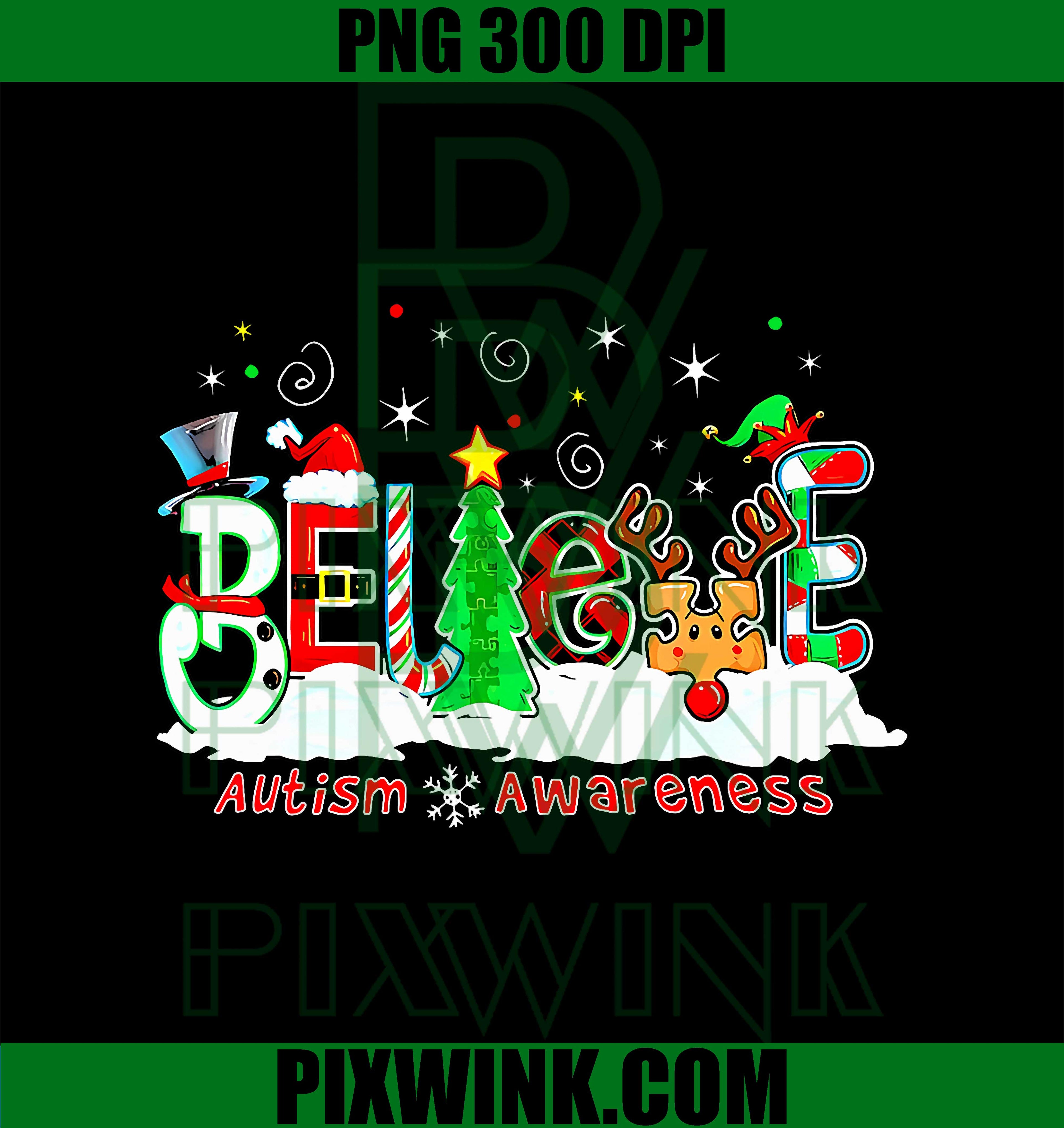 Believe Autism Awareness Christmas Tree Light Santa Reindeer PNG