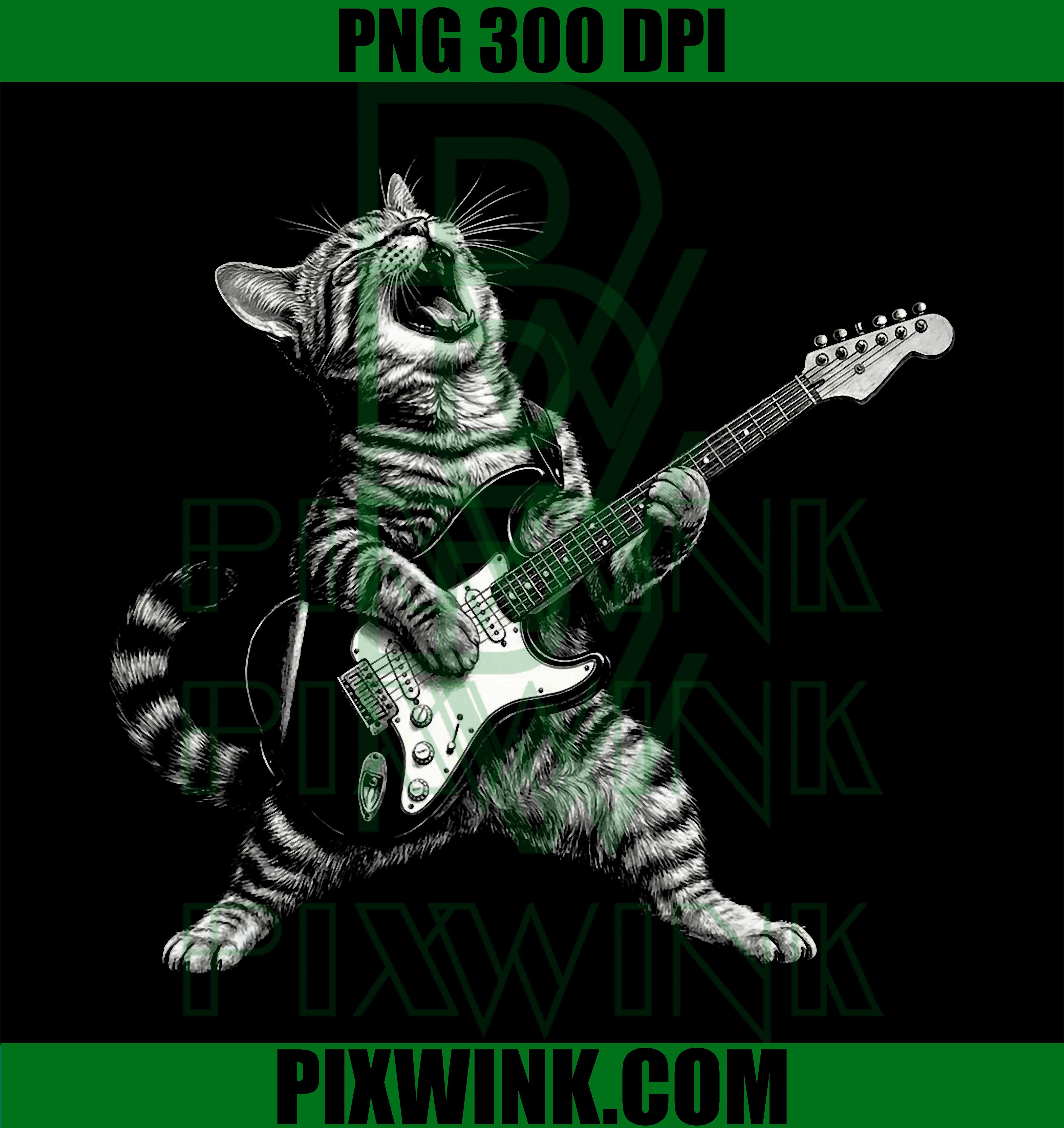 Cat Playing Guitar Rock PNG, Funny Guitar Cat Music PNG