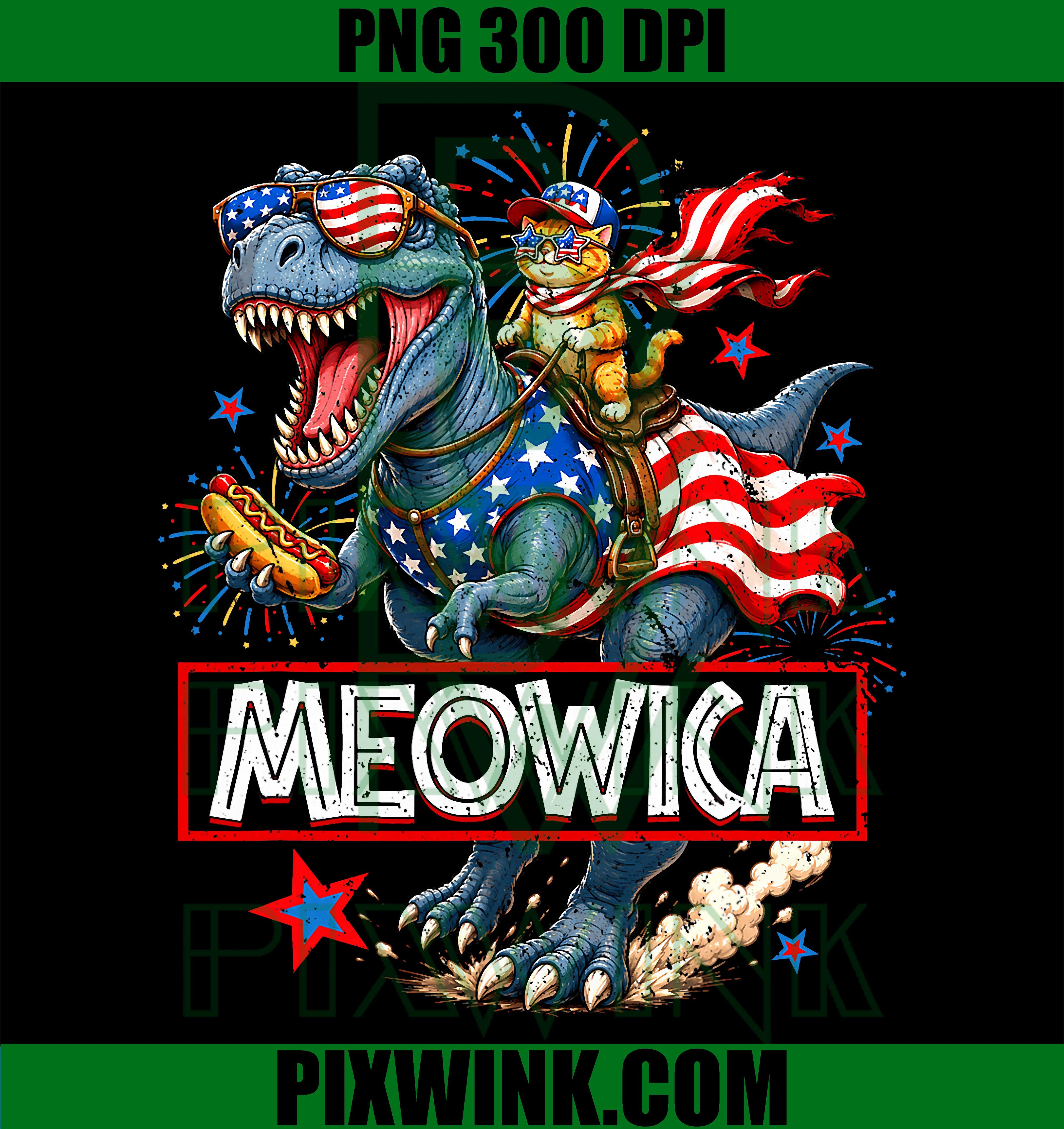 Meowica Cat T-Rex PNG, 4th of July Patriotic Dinosaur Cat PNG