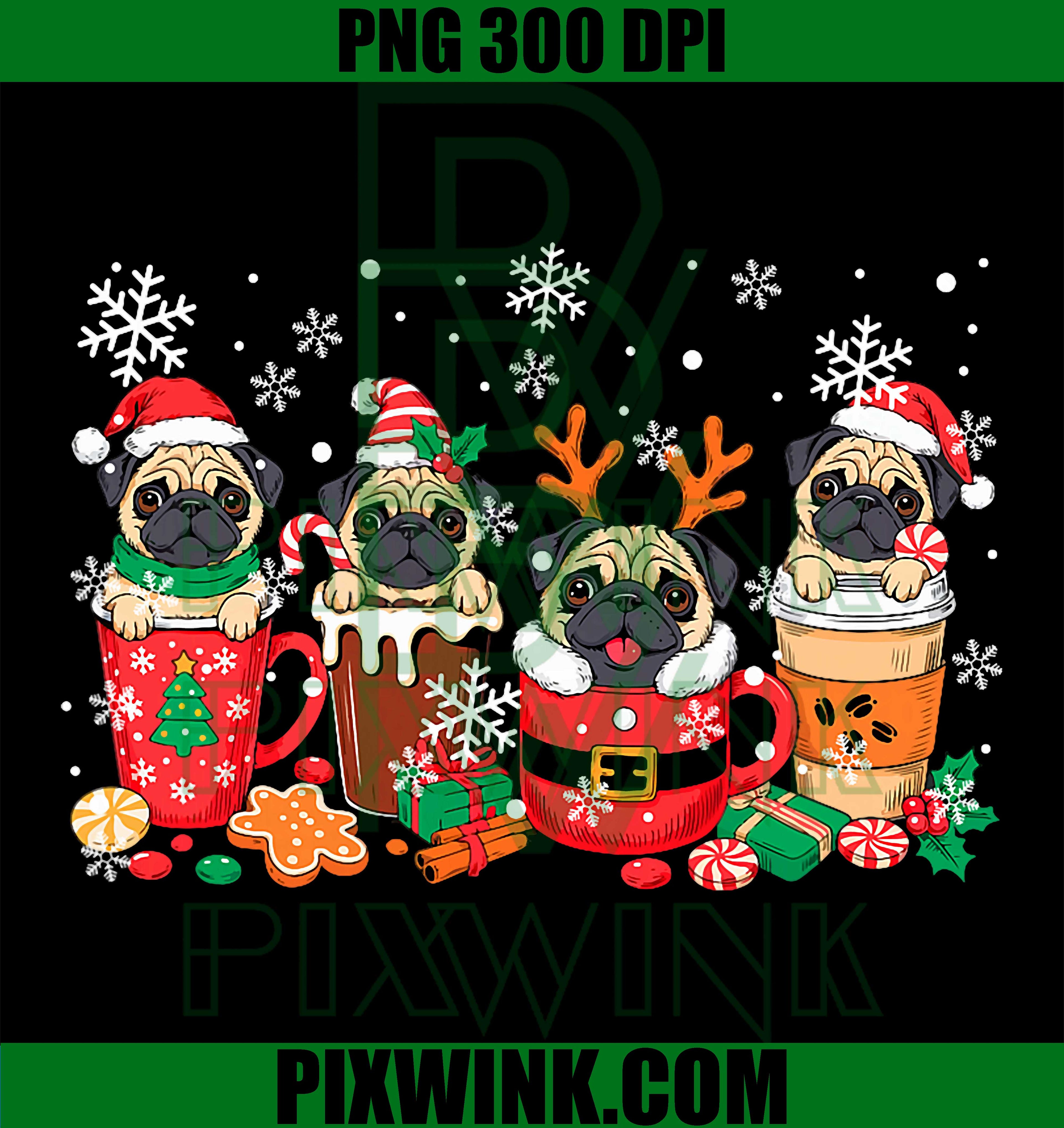 Group Santa Reindeer Pugs in Coffee Cups Christmas PNG