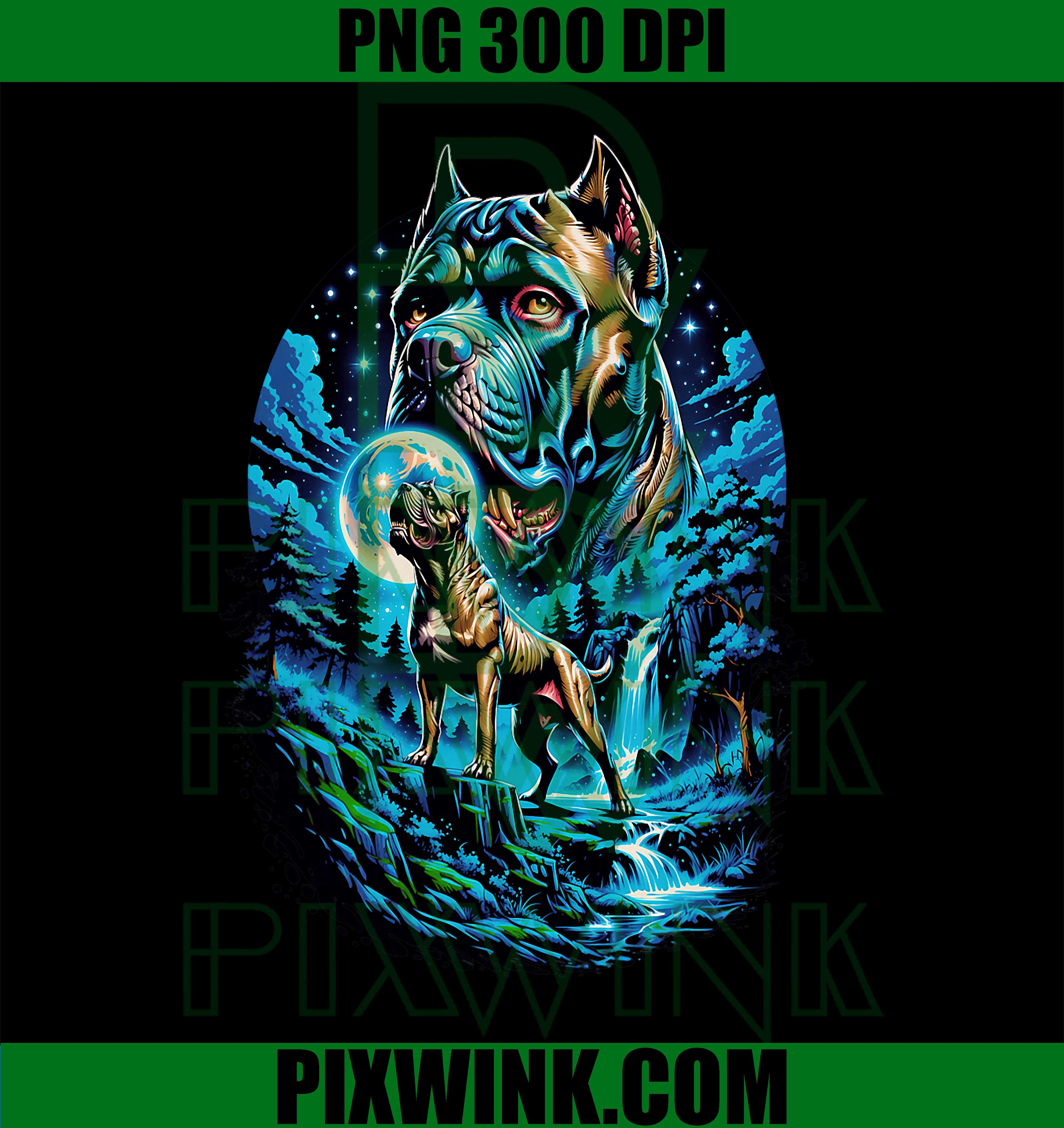 Mystic Pitbull Night Forest PNG, Moon Waterfall Dog Scene PNG