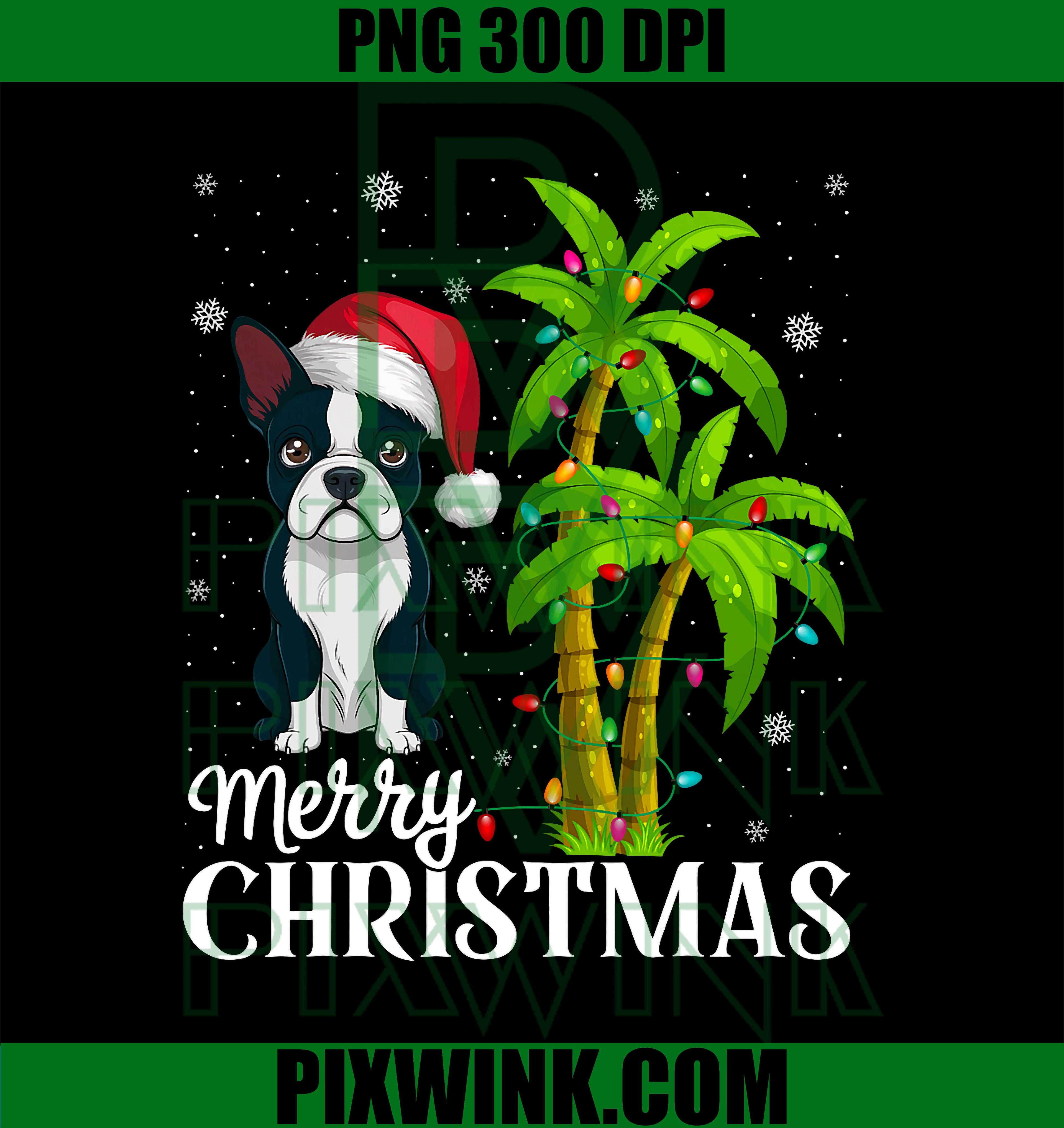 Boston Terrier Lovers, Christmas Tree Lights Beach PNG