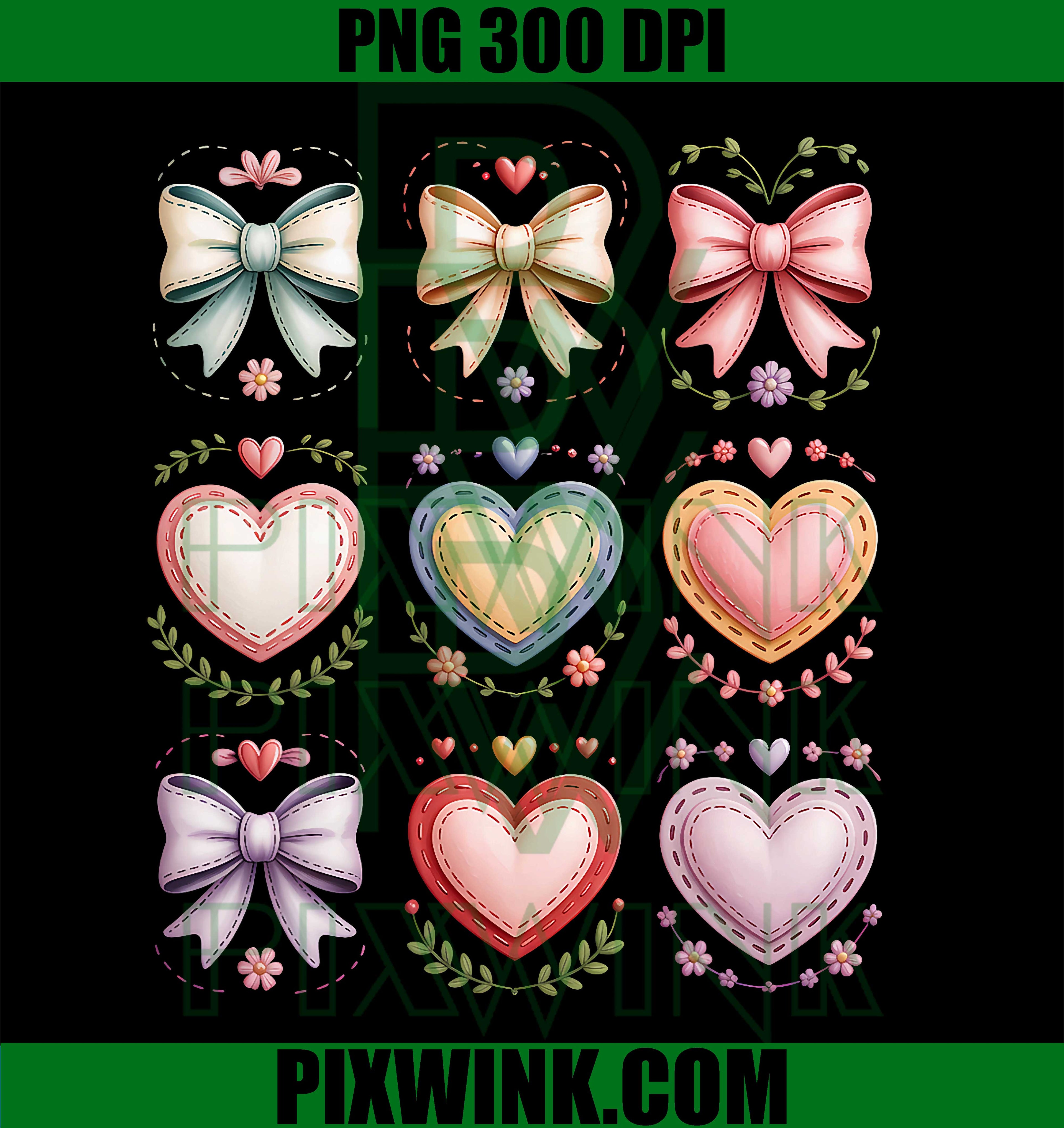 Colorful Heart Bow Floral Patterns Valentine PNG
