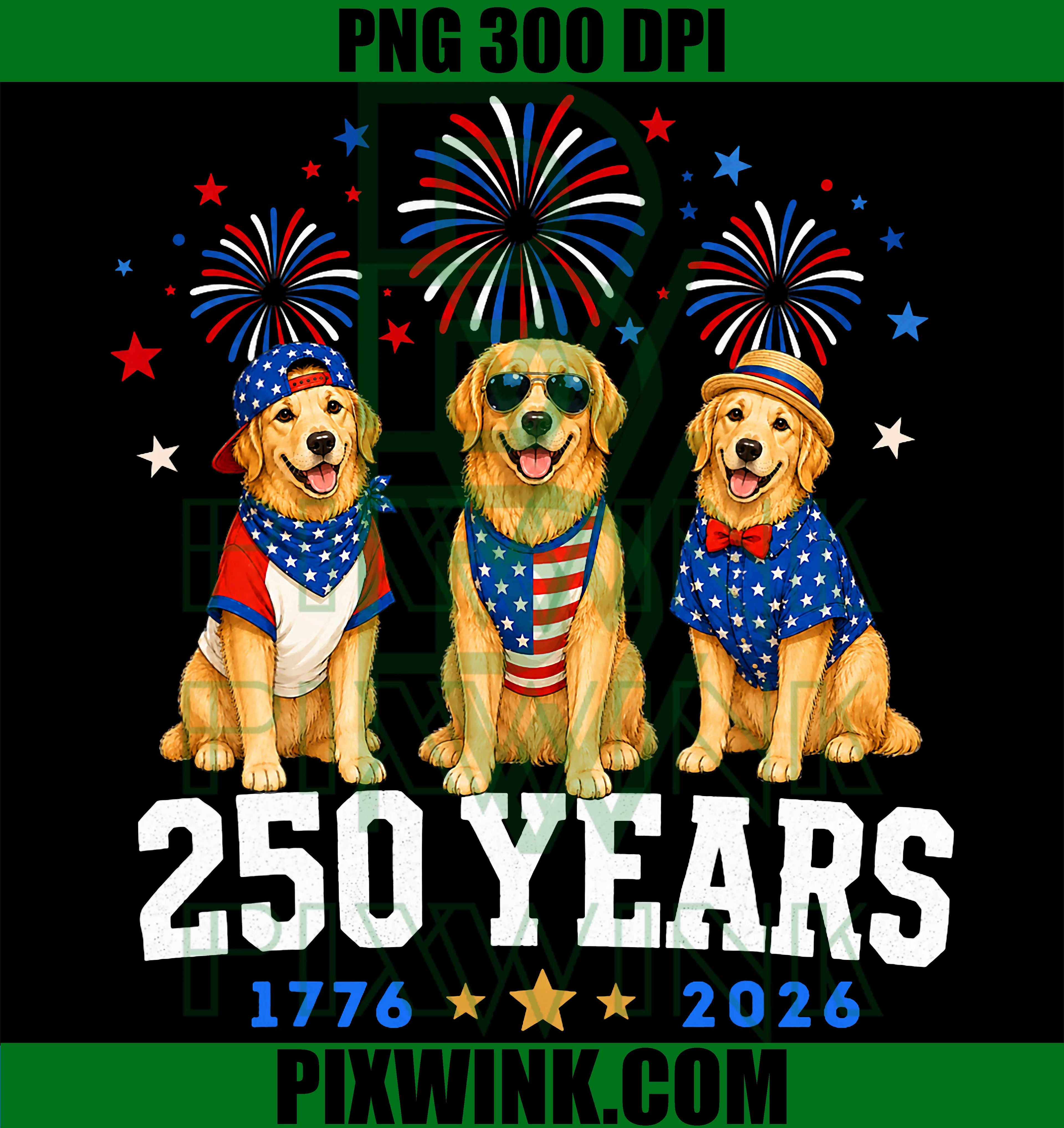 Golden Retriever 250 Anniversary PNG, USA 250th 4th Of July Dogs PNG